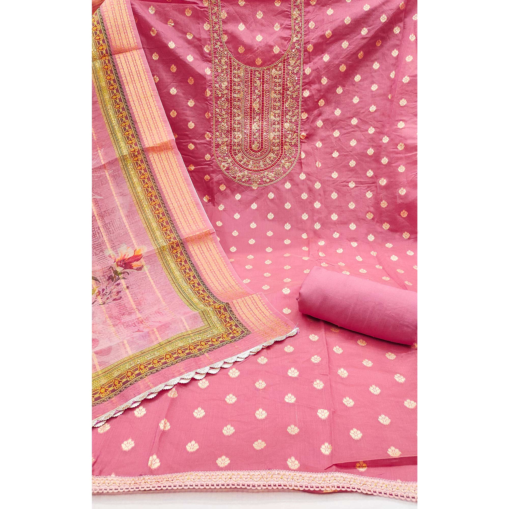 Gajari Pink Woven Banarasi Cotton Silk Dress Material Accented With Sequins Embroidery - Image 4