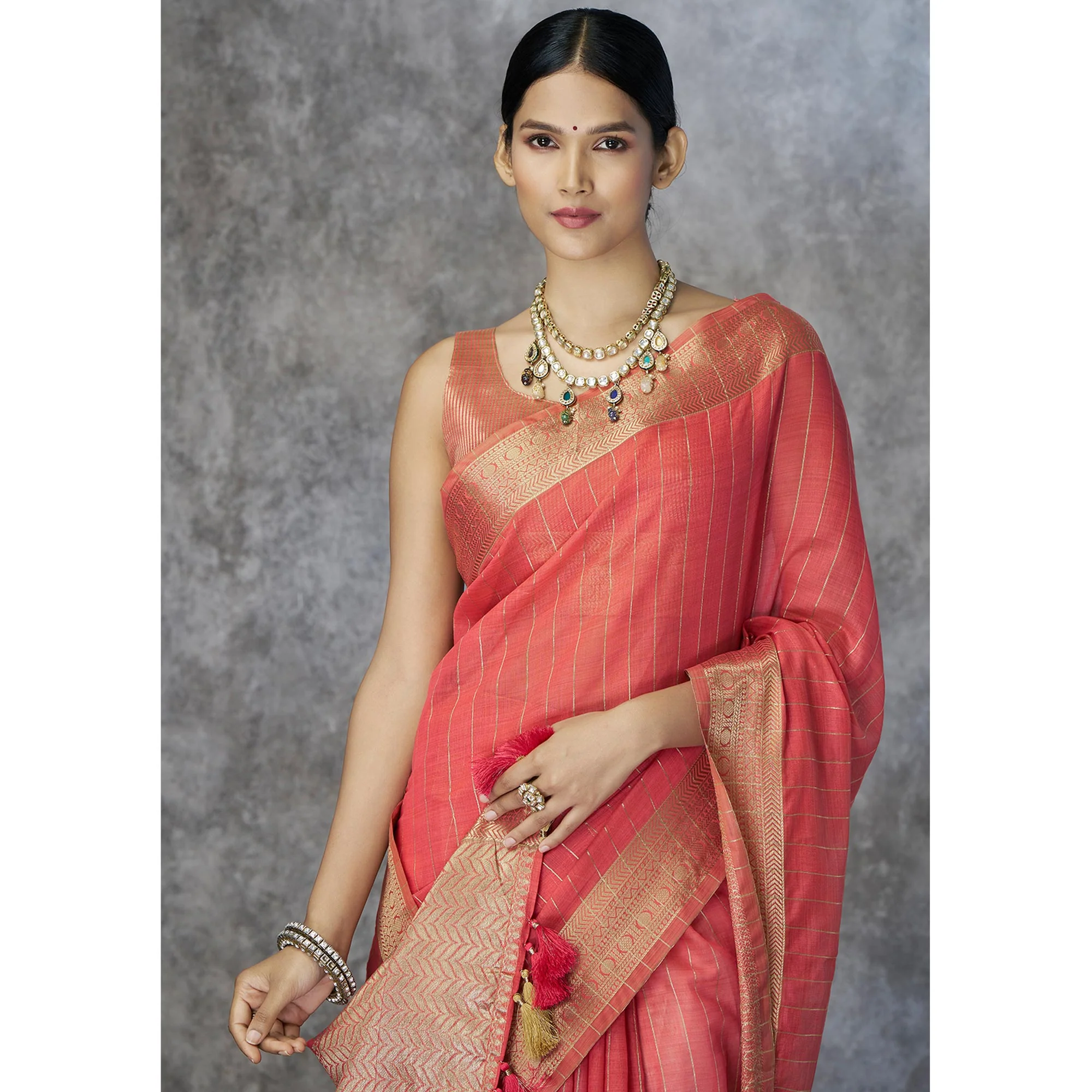 Gajari Pink Woven Cotton Silk Saree With Tassels - Image 6
