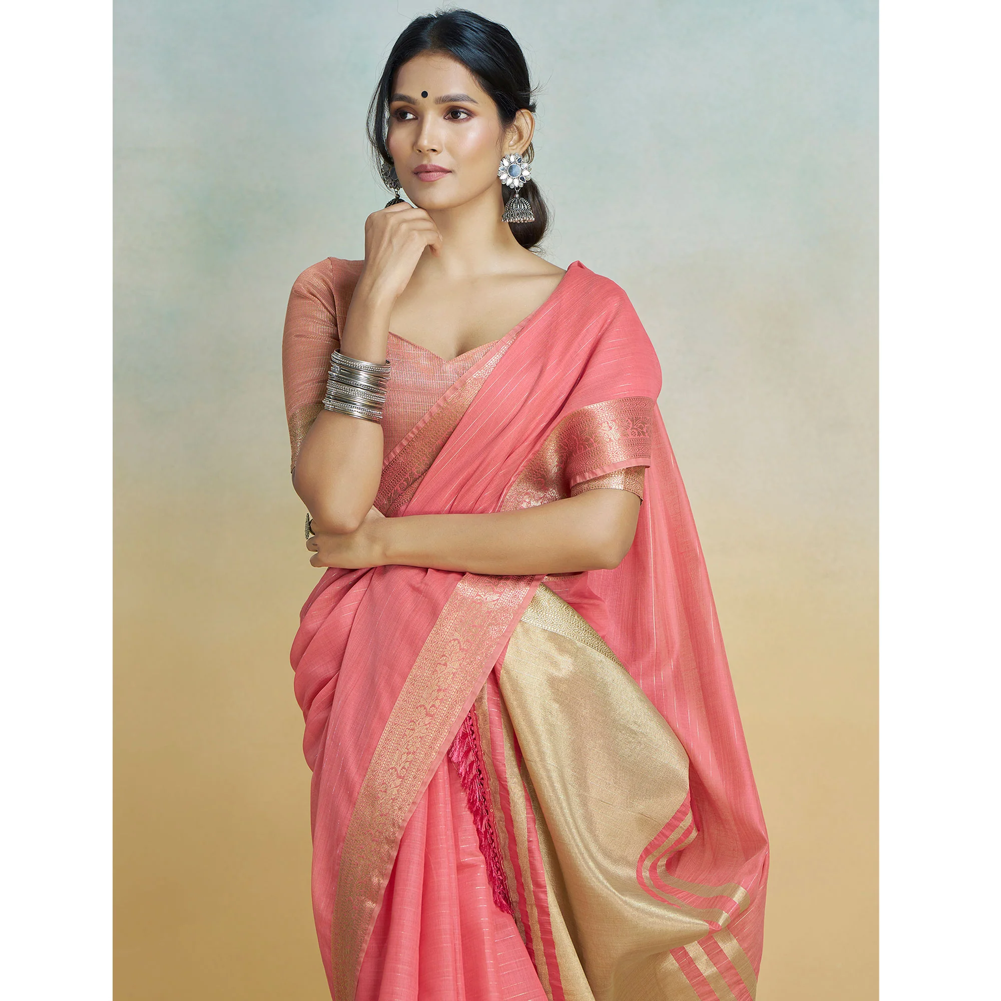Gajari Pink Woven Cotton Silk Saree With Tassels - Image 6