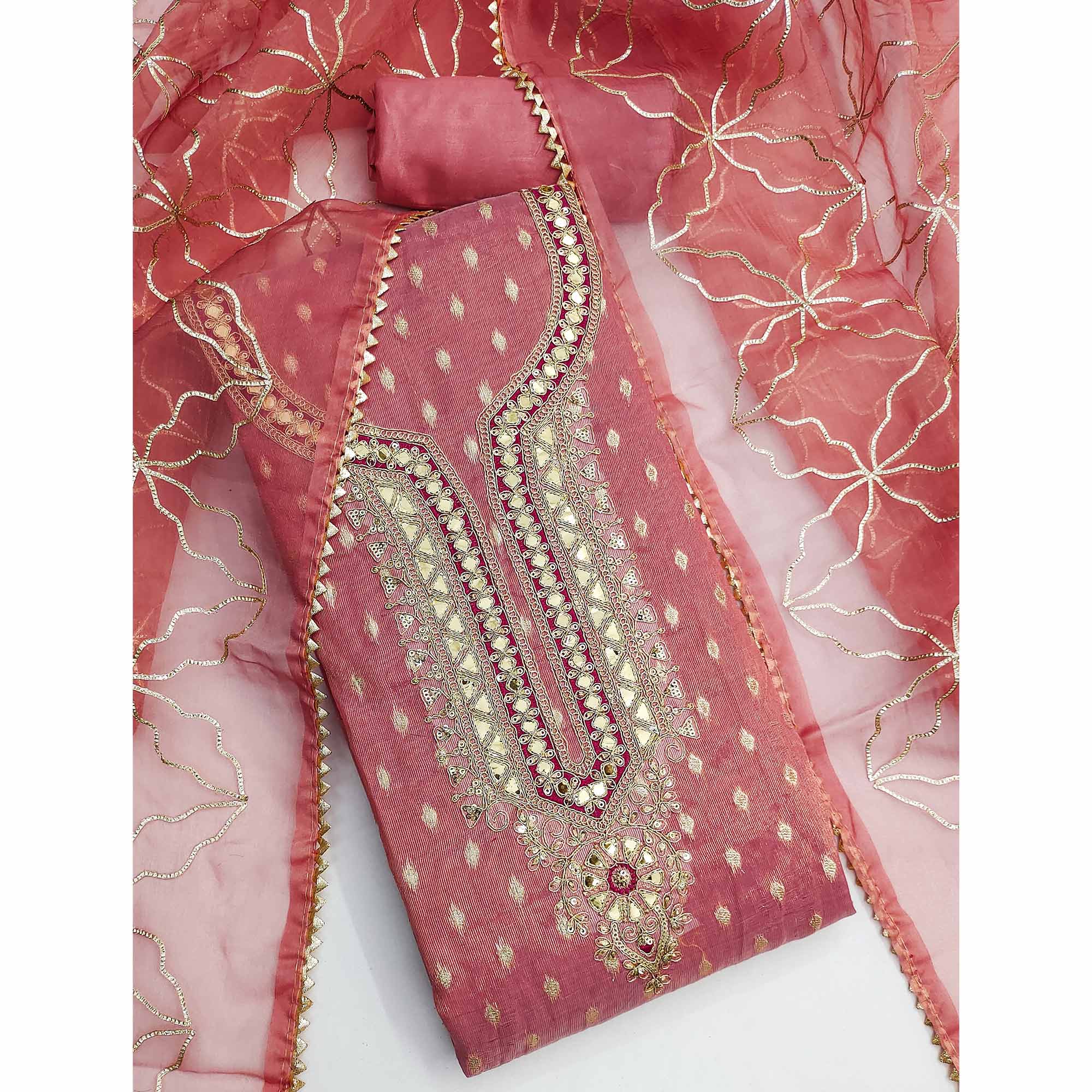 Gajari Pink Woven Shimmer Silk Dress Material Adorned With Sequins & Gota Patti Work - Image 3