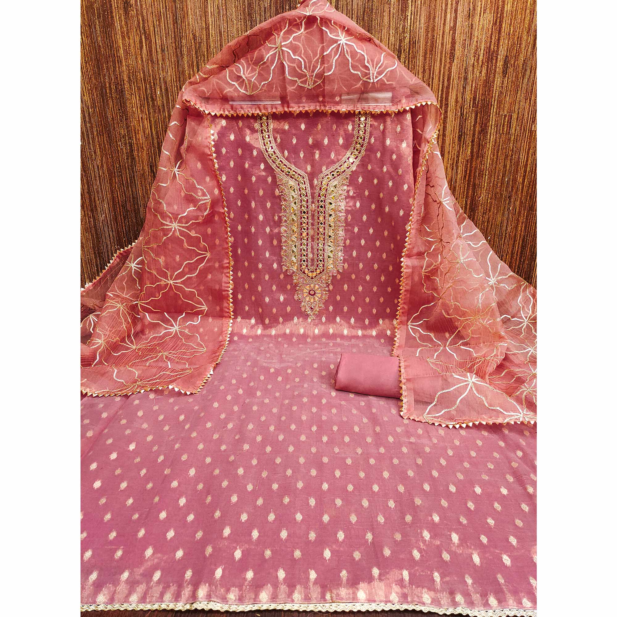 Gajari Pink Woven Shimmer Silk Dress Material Adorned With Sequins & Gota Patti Work - Image 4