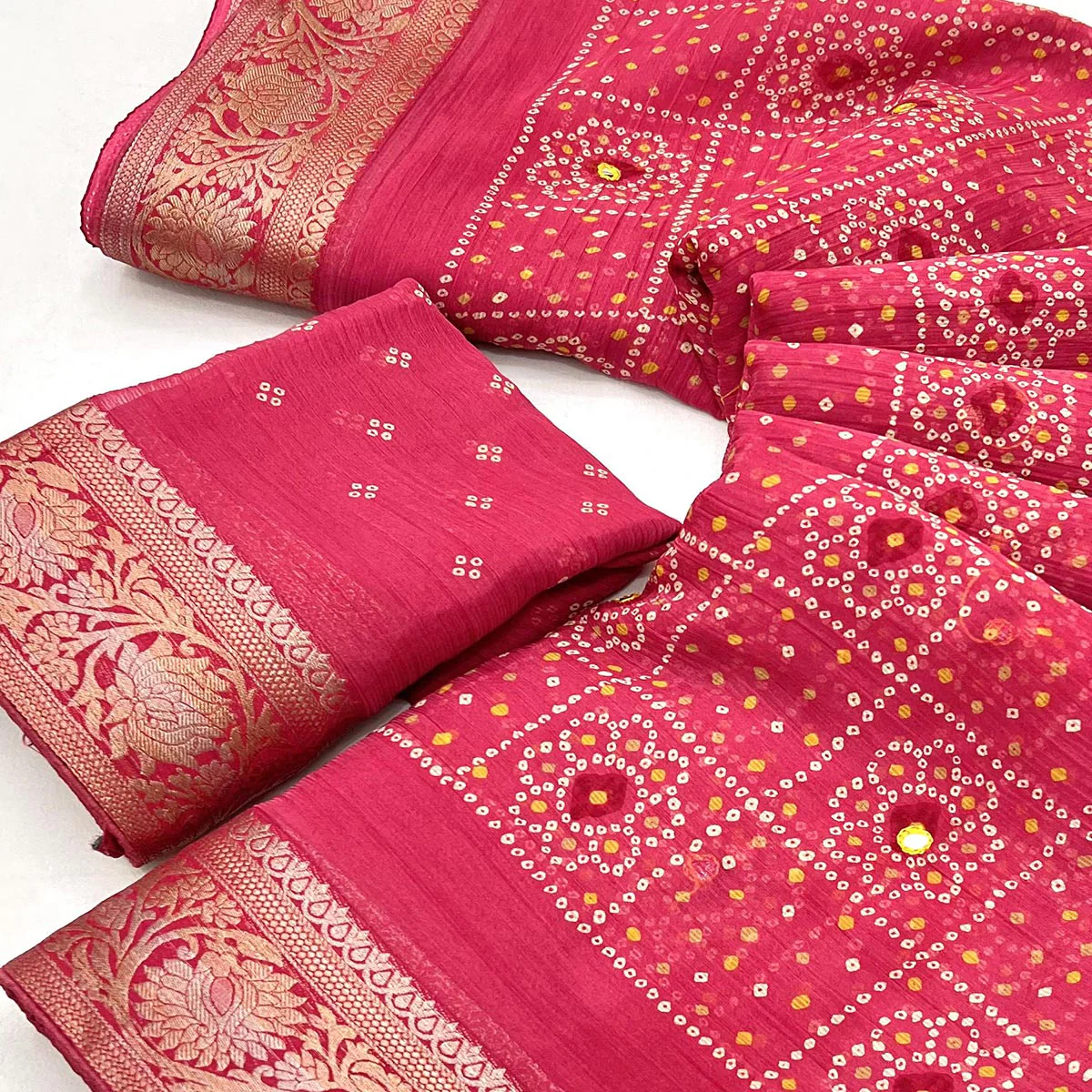 Gajri Pink Bandhani Printed Chiffon Saree - Image 2