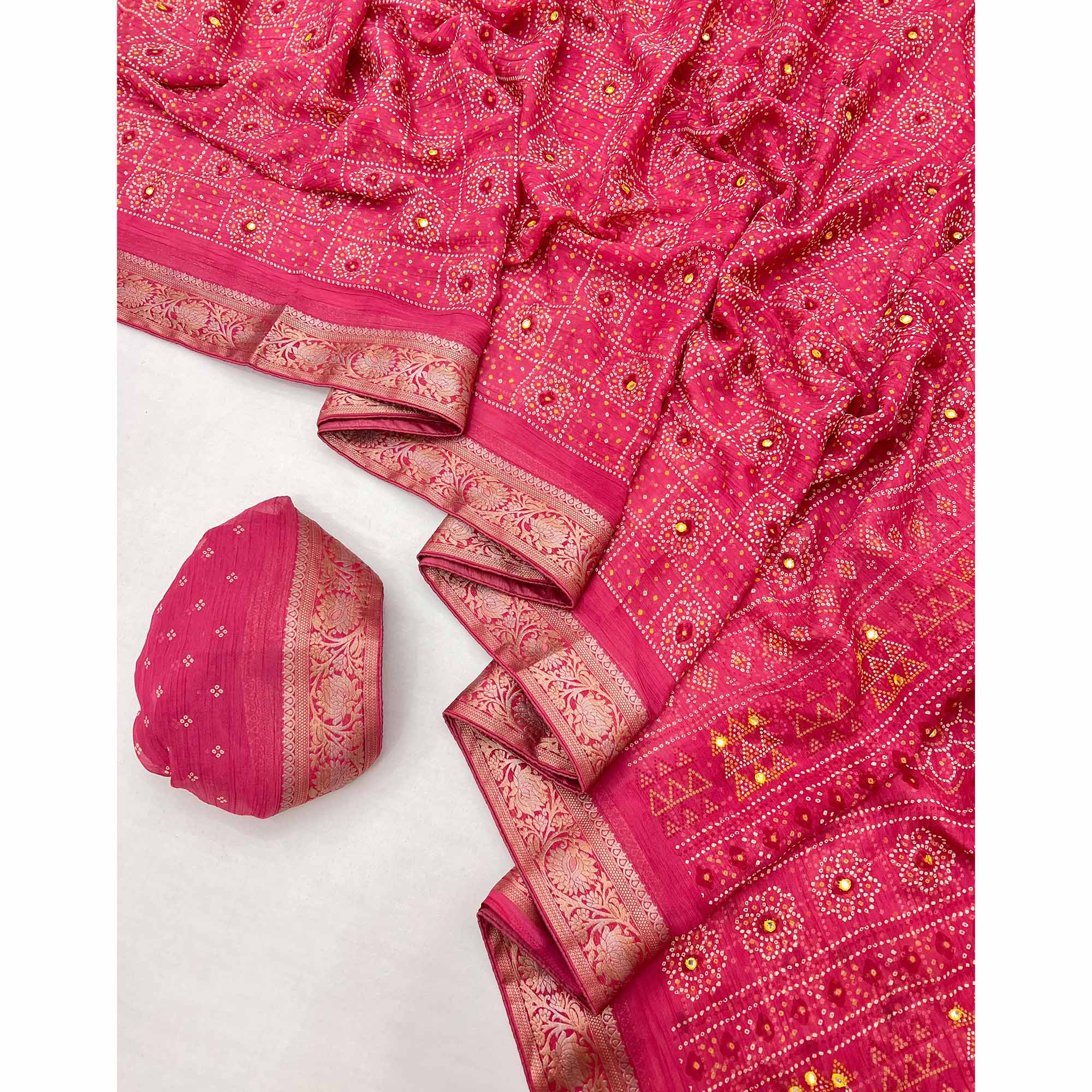 Gajri Pink Bandhani Printed Chiffon Saree - Image 3