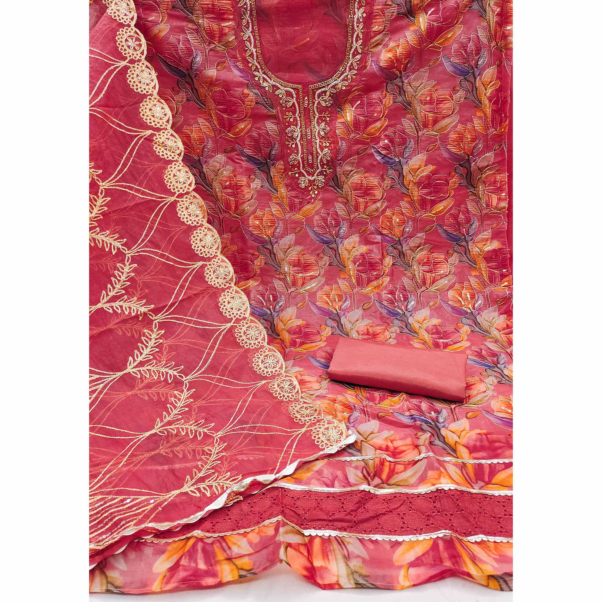 Gajri Pink Bloom Charm With Floral Print & Delicate Sequins & Moti Handwork Dress Material - Image 4