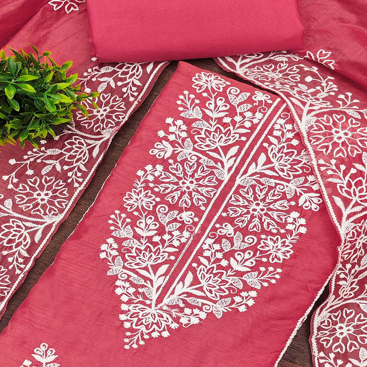 Gajri Pink Cotton Blend Unstitched Suit Material with Soft Floral Embroidery Work - Image 2