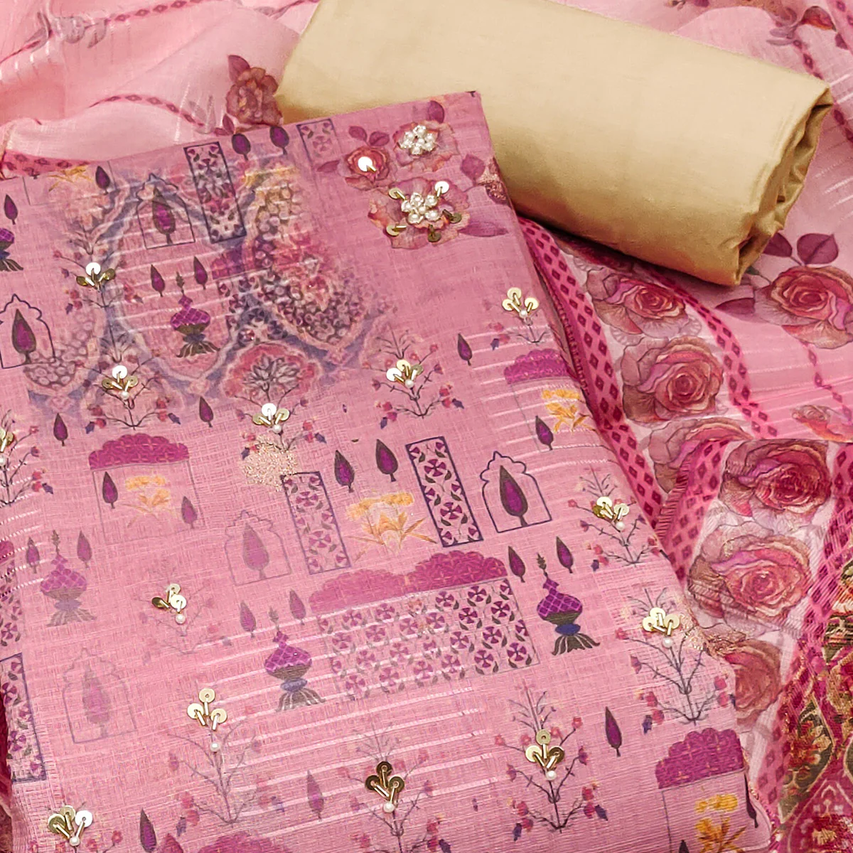 Gajri Pink Digital Printed Viscose Cotton Dress Material With Intricate Moti & Sequins Handwork - Image 2