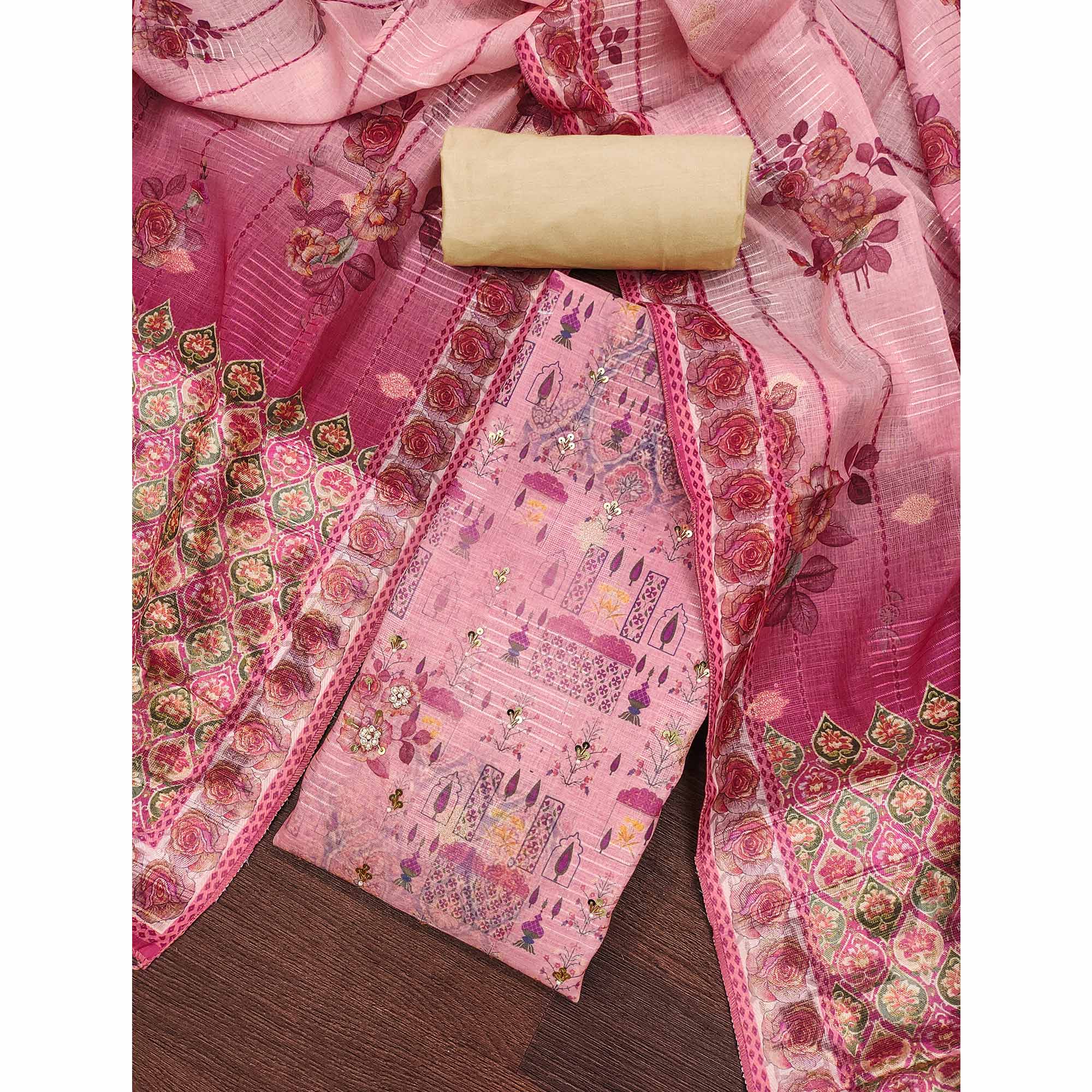Gajri Pink Digital Printed Viscose Cotton Dress Material With Intricate Moti & Sequins Handwork - Image 3