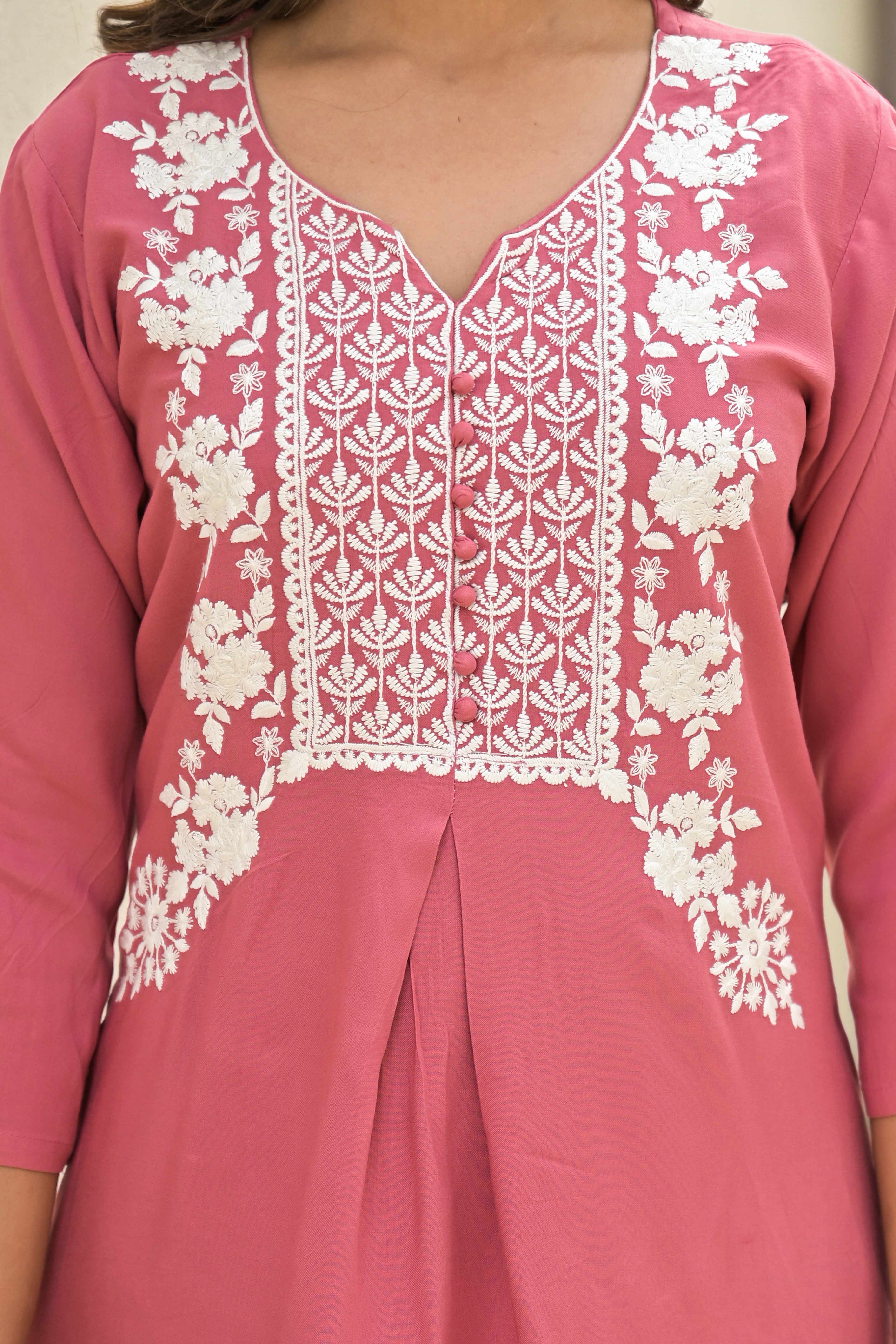 Gajri Pink Floral Embroidered Rayon Salwar Suit - Image 2