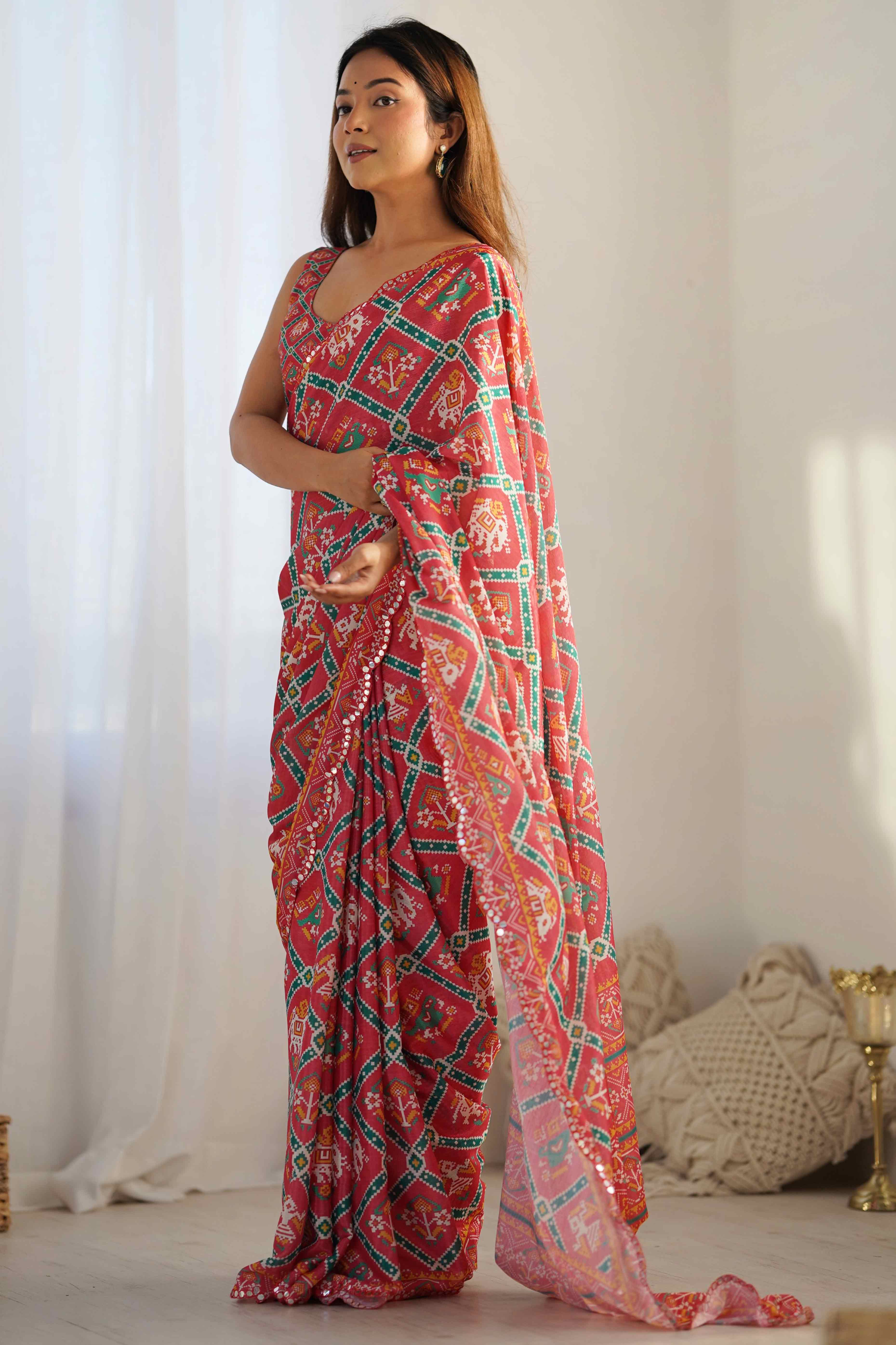 Gajri Pink Patola Printed Chinon Saree - Image 5