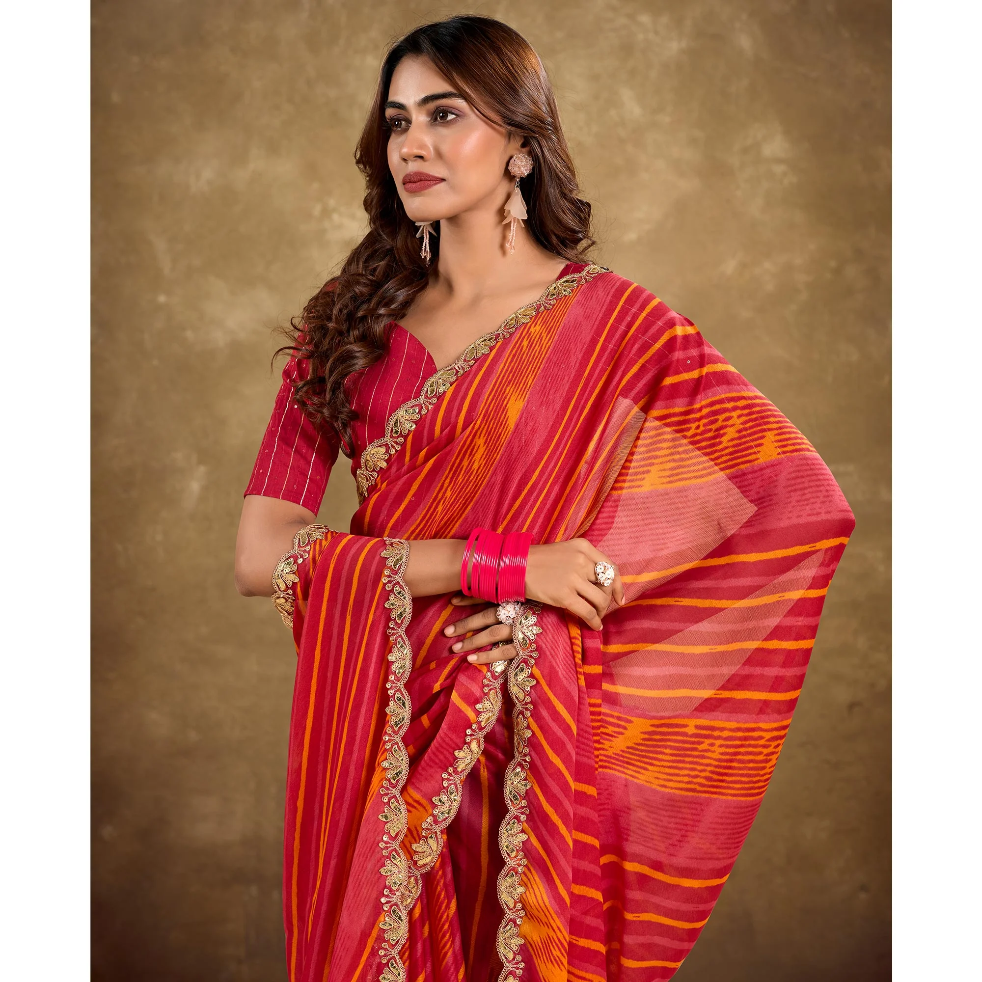 Gajri Pink Printed Chiffon Saree With Sequins Border - Image 5