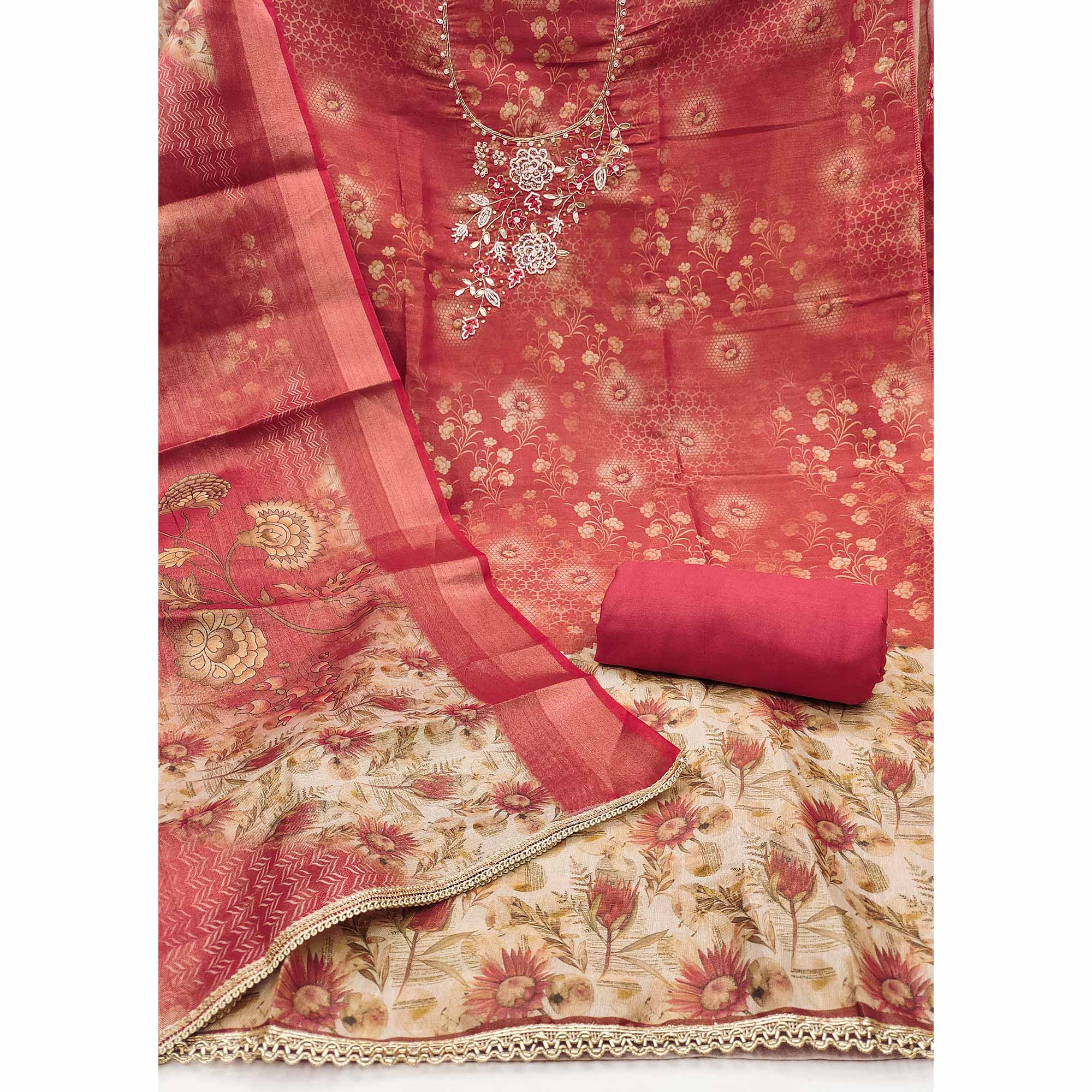 Gajri Pink Shimmer Cotton Silk Suit Fabric with Printed Motifs and Thread Embroidery - Image 4