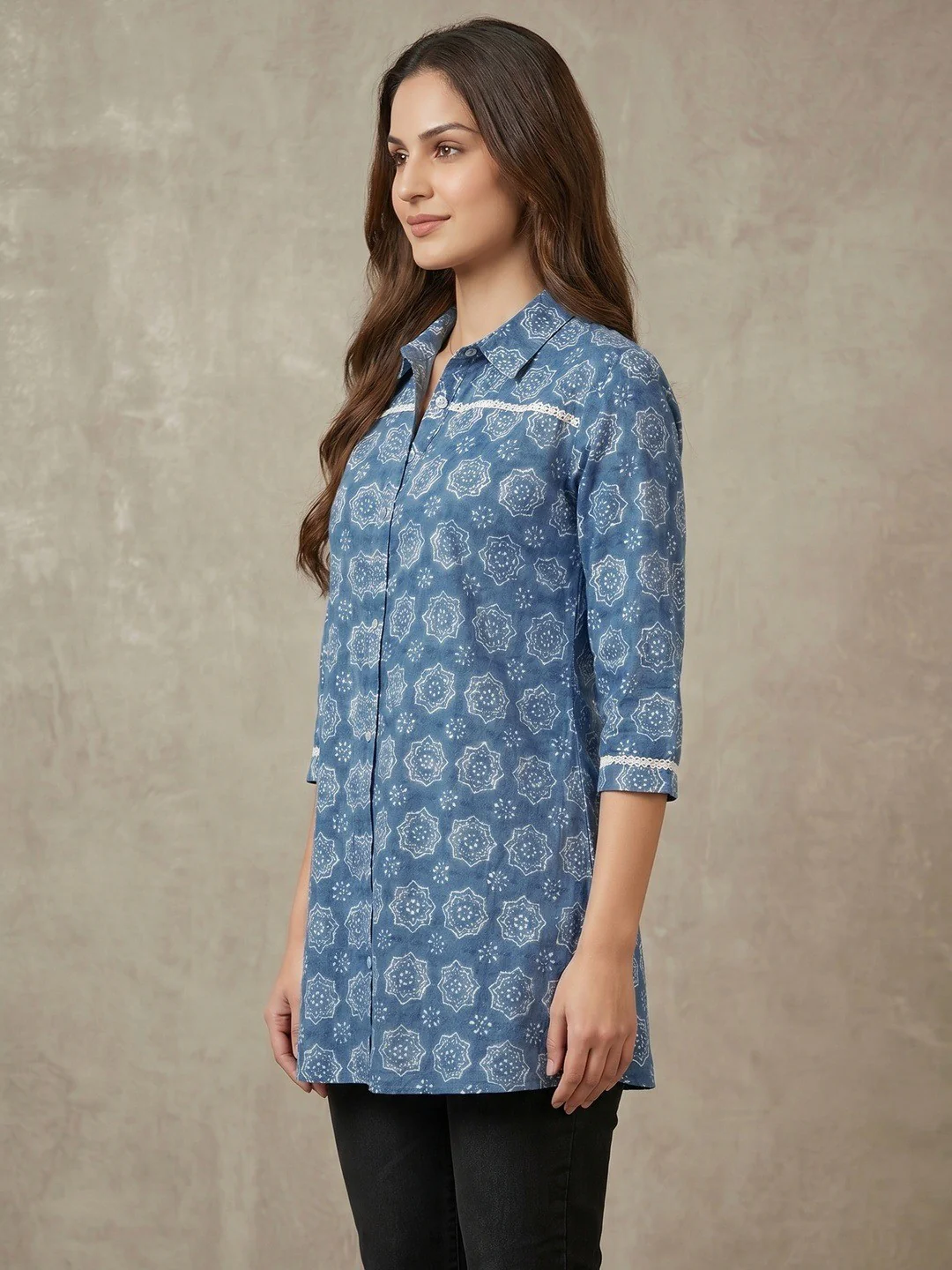 Geometric Printed Blue Pure Cotton Shirt Style Top - Image 3