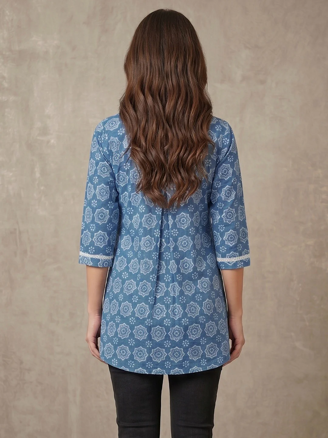 Geometric Printed Blue Pure Cotton Shirt Style Top - Image 4