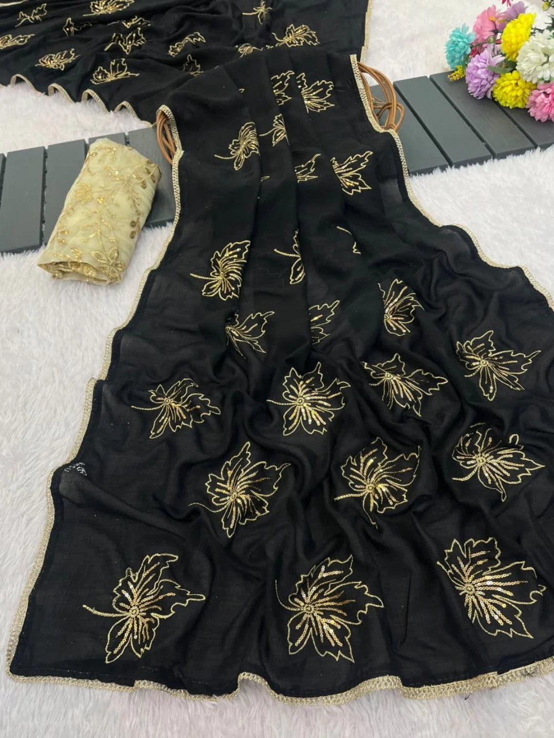 Glamorous Black Sequin Embellished Saree in Premium Vichitra Silk - Image 2
