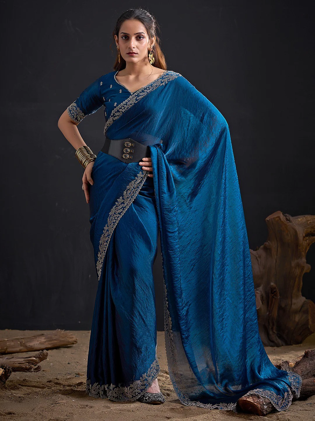Glamorous Blue Solid Satin Silk Saree Adorned With Floral Stone Embellished Border