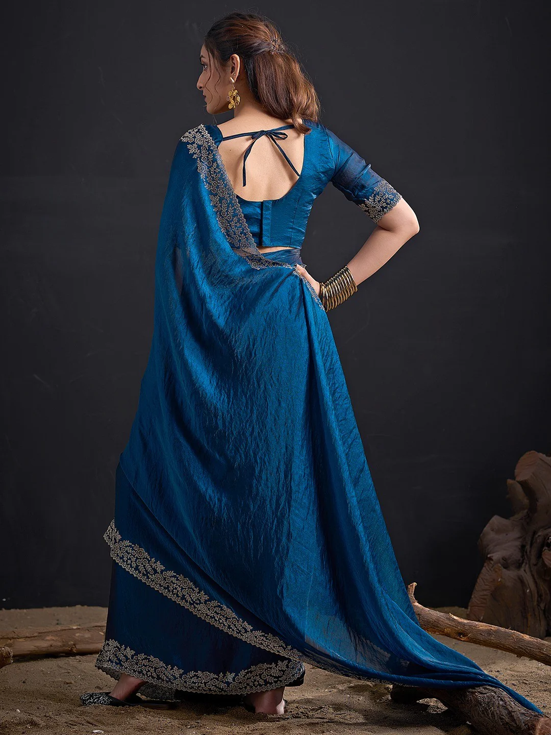 Glamorous Blue Solid Satin Silk Saree Adorned With Floral Stone Embellished Border - Image 2