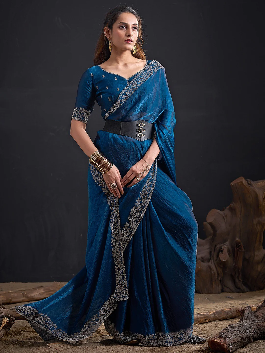 Glamorous Blue Solid Satin Silk Saree Adorned With Floral Stone Embellished Border - Image 4