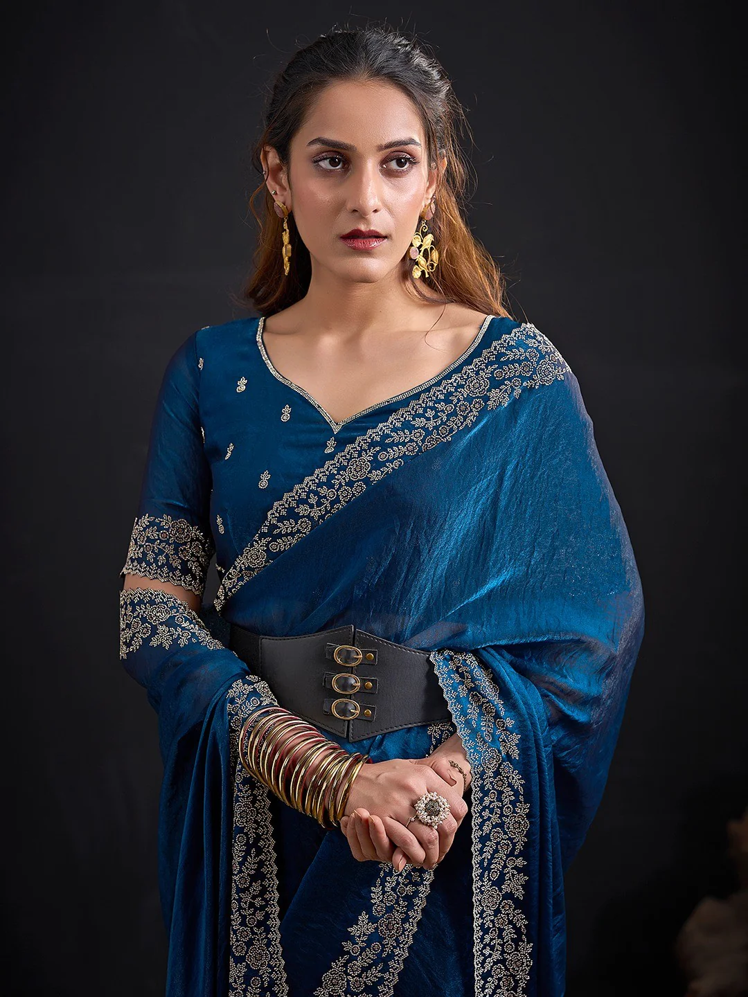 Glamorous Blue Solid Satin Silk Saree Adorned With Floral Stone Embellished Border - Image 5