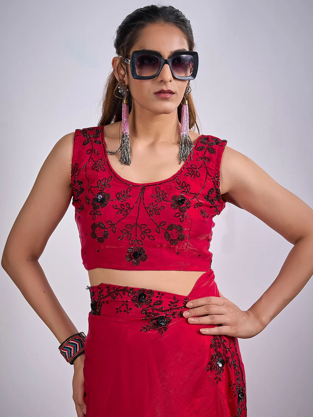 Glamorous Cherry Red Satin Silk Saree Featuring Rich Stone Work With Cut Dana & Sequins - Image 2