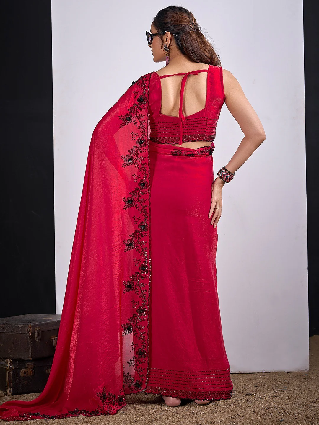 Glamorous Cherry Red Satin Silk Saree Featuring Rich Stone Work With Cut Dana & Sequins - Image 3