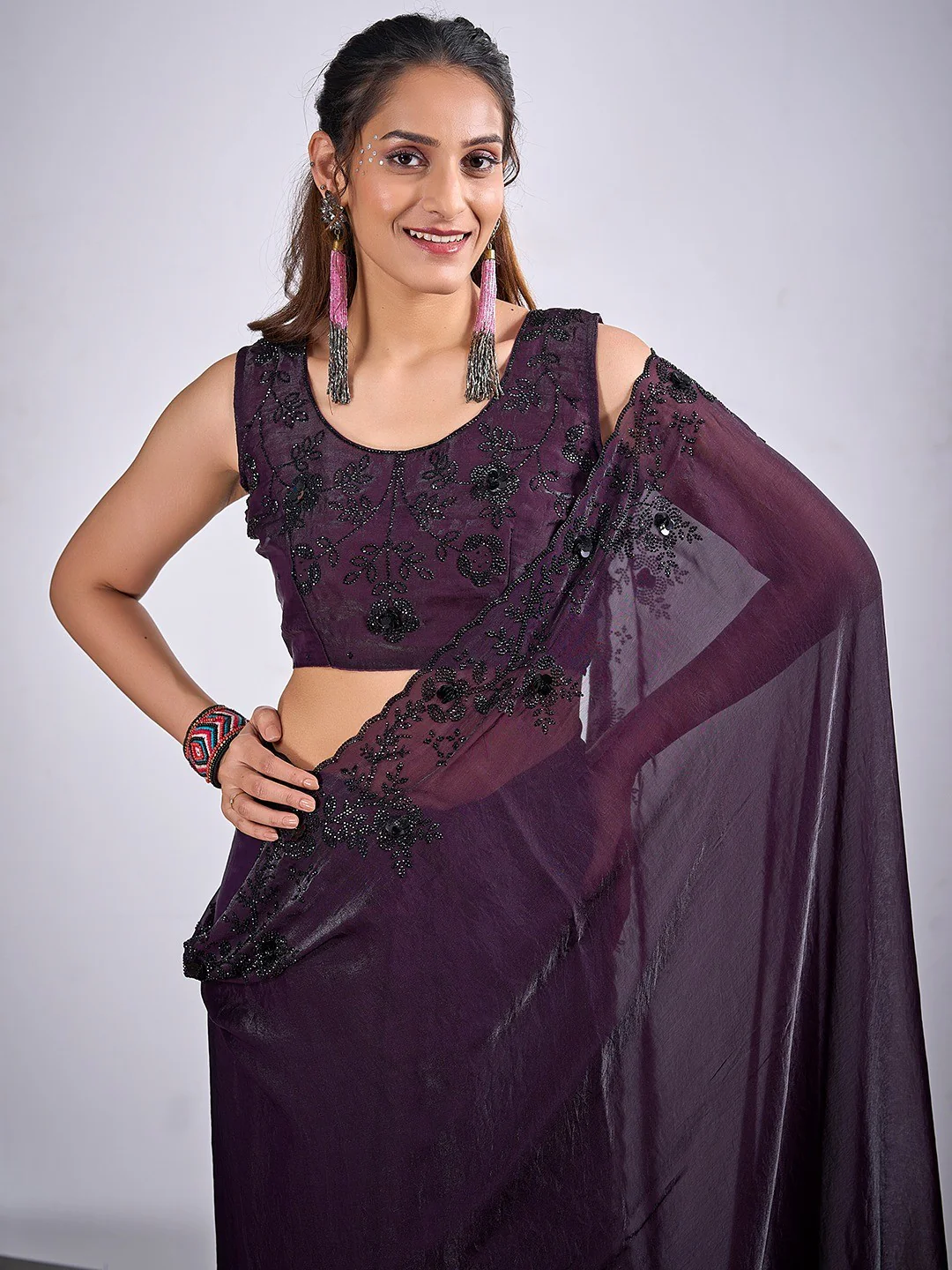 Glamorous Dark Purple Satin Silk Saree Featuring Rich Stone Work With Cut Dana & Sequins - Image 2