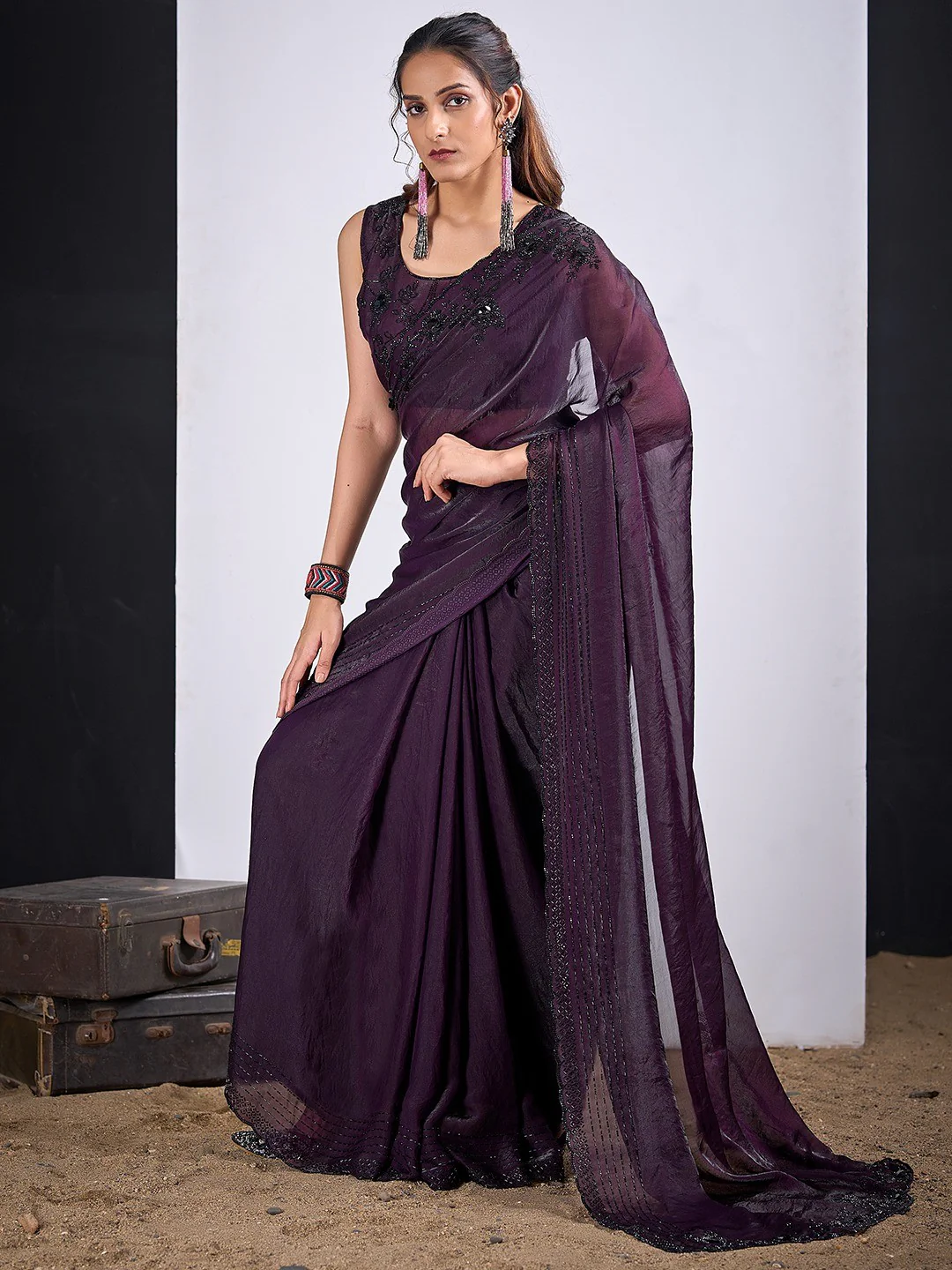 Glamorous Dark Purple Satin Silk Saree Featuring Rich Stone Work With Cut Dana & Sequins - Image 3