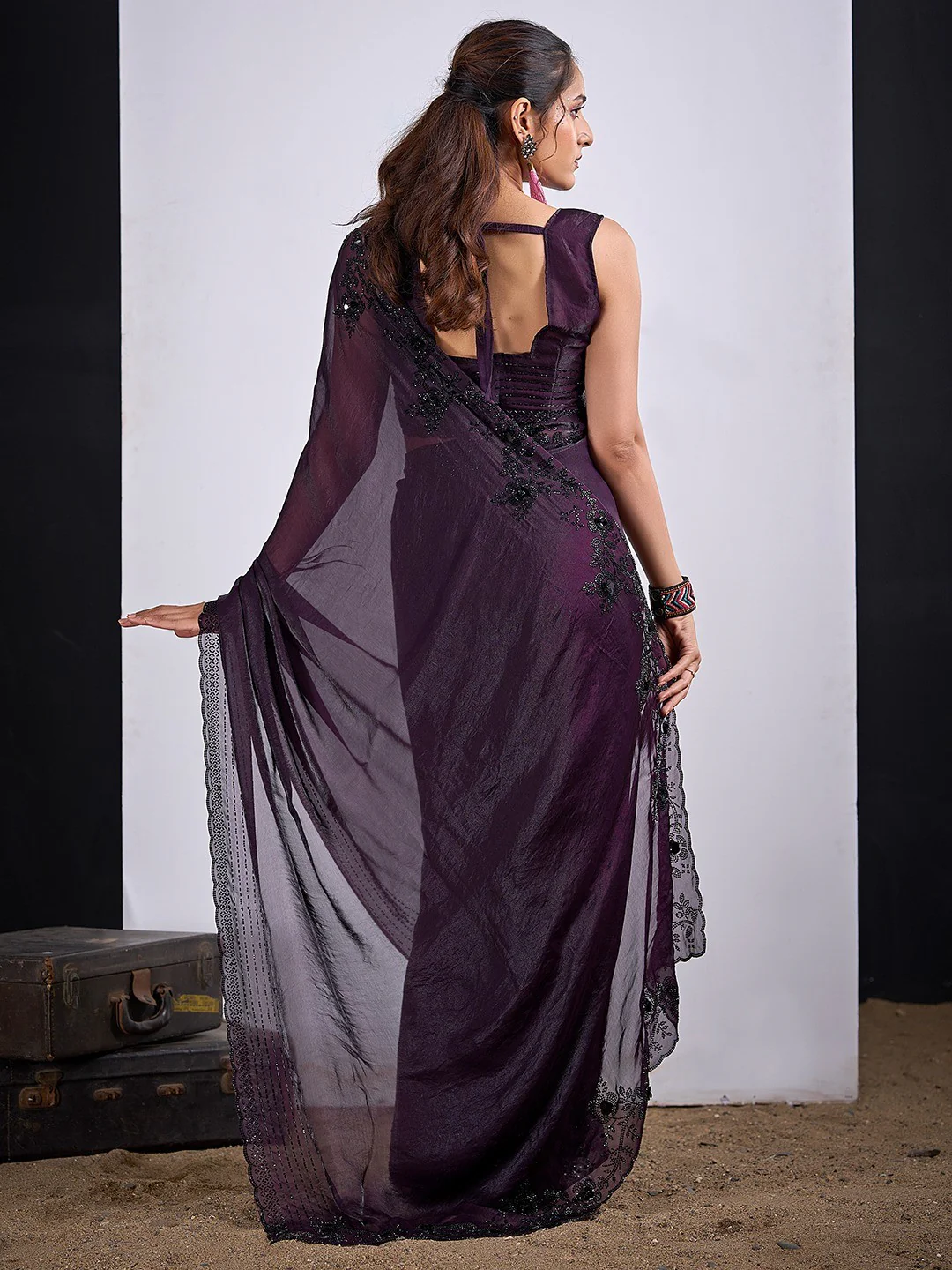 Glamorous Dark Purple Satin Silk Saree Featuring Rich Stone Work With Cut Dana & Sequins - Image 4