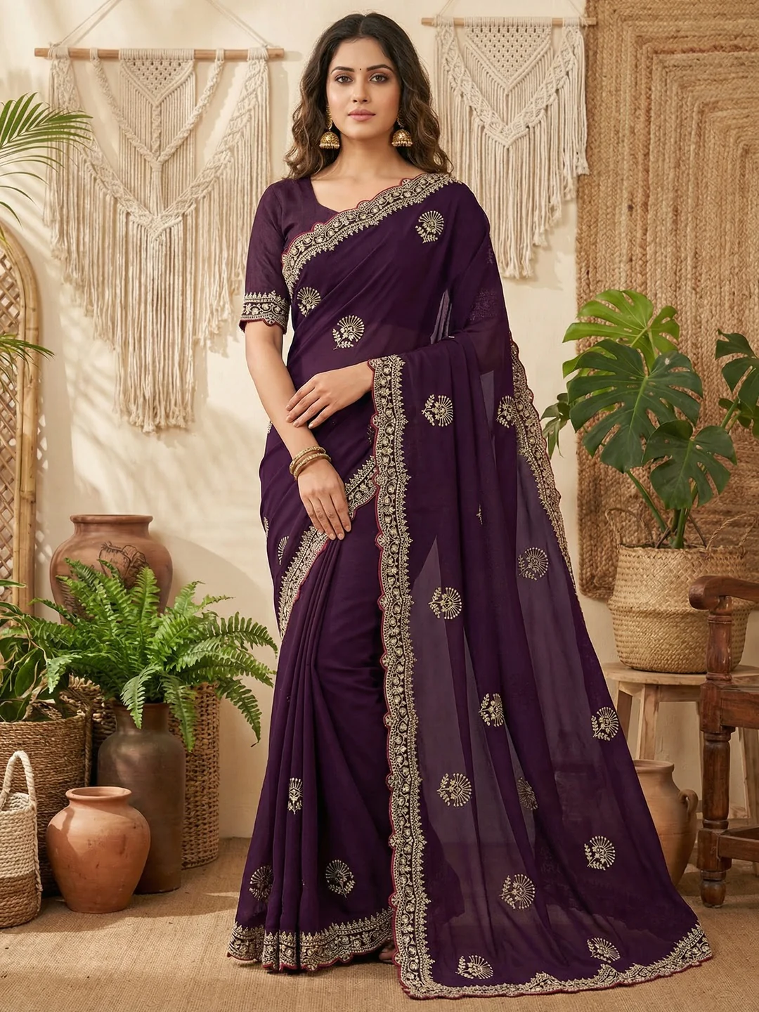 Glamorous Dark Wine Floral Motif Chiffon Saree Featuring Intricate Cording Embroidery