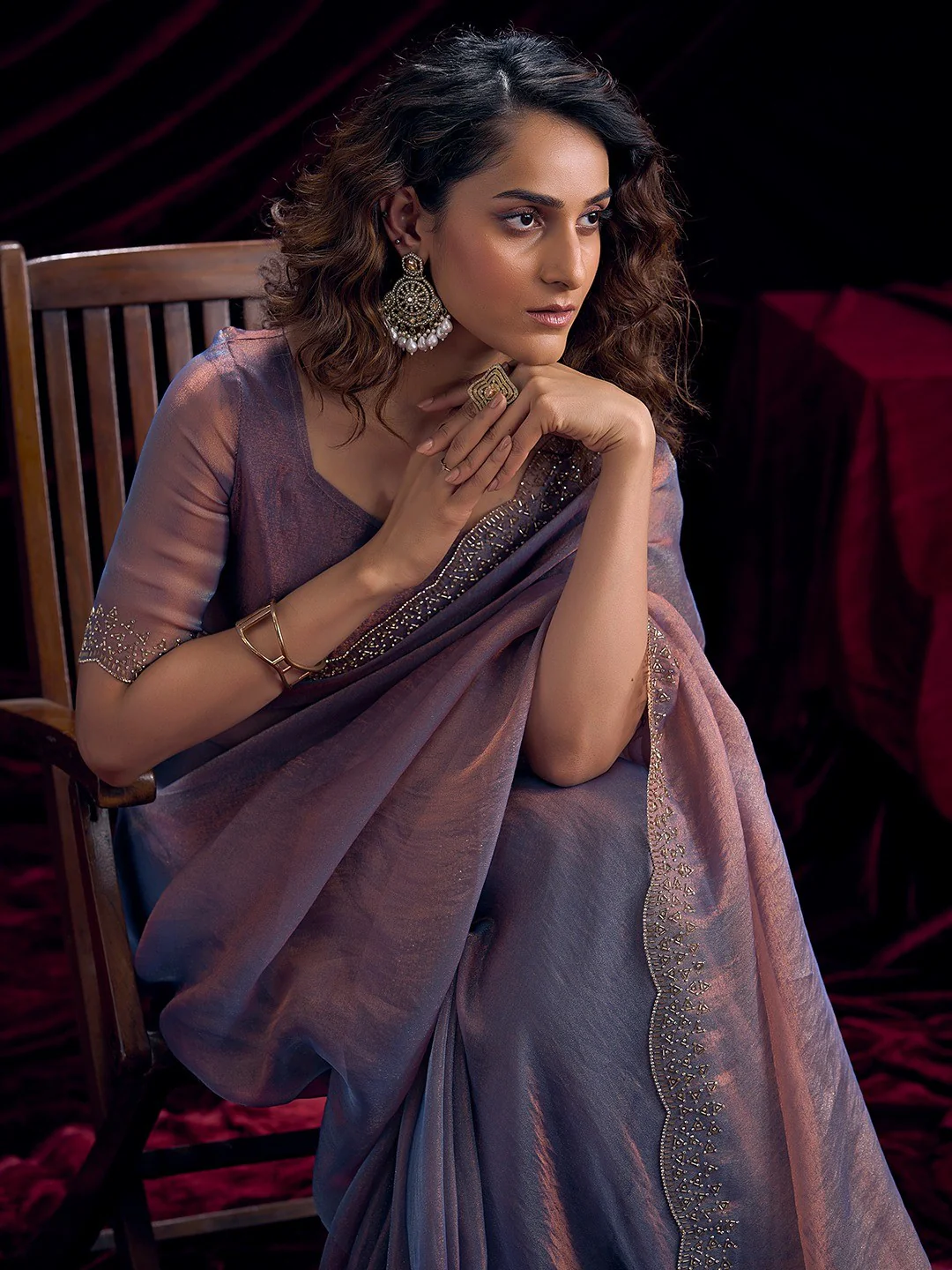 Glamorous Lavender Two Tone Satin Silk Saree Adorned With Beads & Stones Embellishment - Image 5