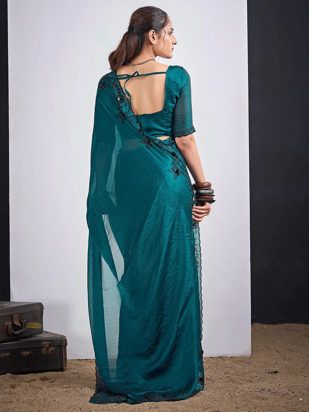 Glamorous Morpich Blue Satin Silk Saree Featuring Rich Stone Work With Cut Dana & Sequins - Image 2