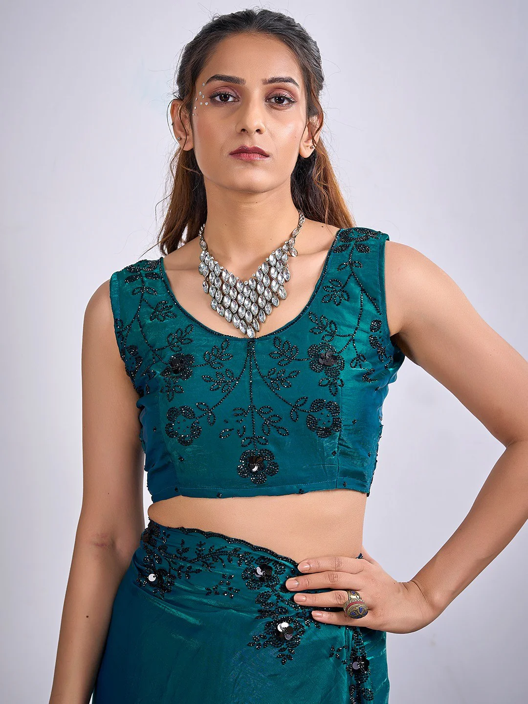 Glamorous Morpich Blue Satin Silk Saree Featuring Rich Stone Work With Cut Dana & Sequins - Image 3