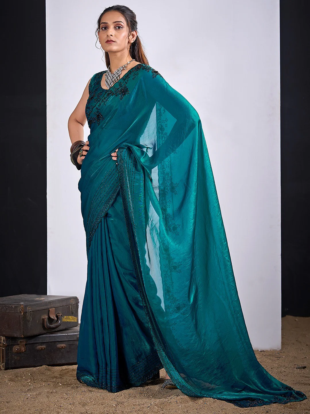 Glamorous Morpich Blue Satin Silk Saree Featuring Rich Stone Work With Cut Dana & Sequins - Image 4
