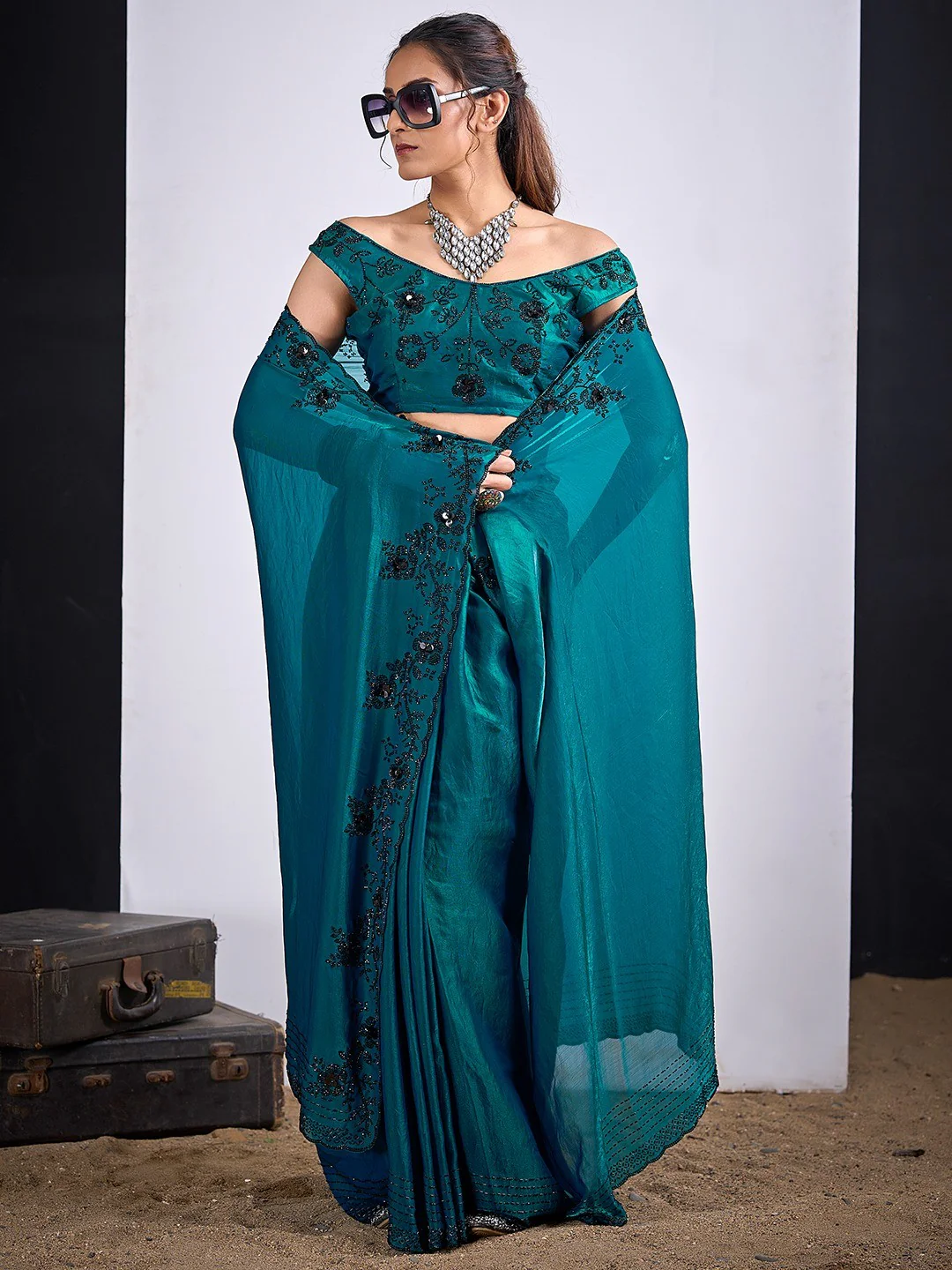 Glamorous Morpich Blue Satin Silk Saree Featuring Rich Stone Work With Cut Dana & Sequins - Image 5