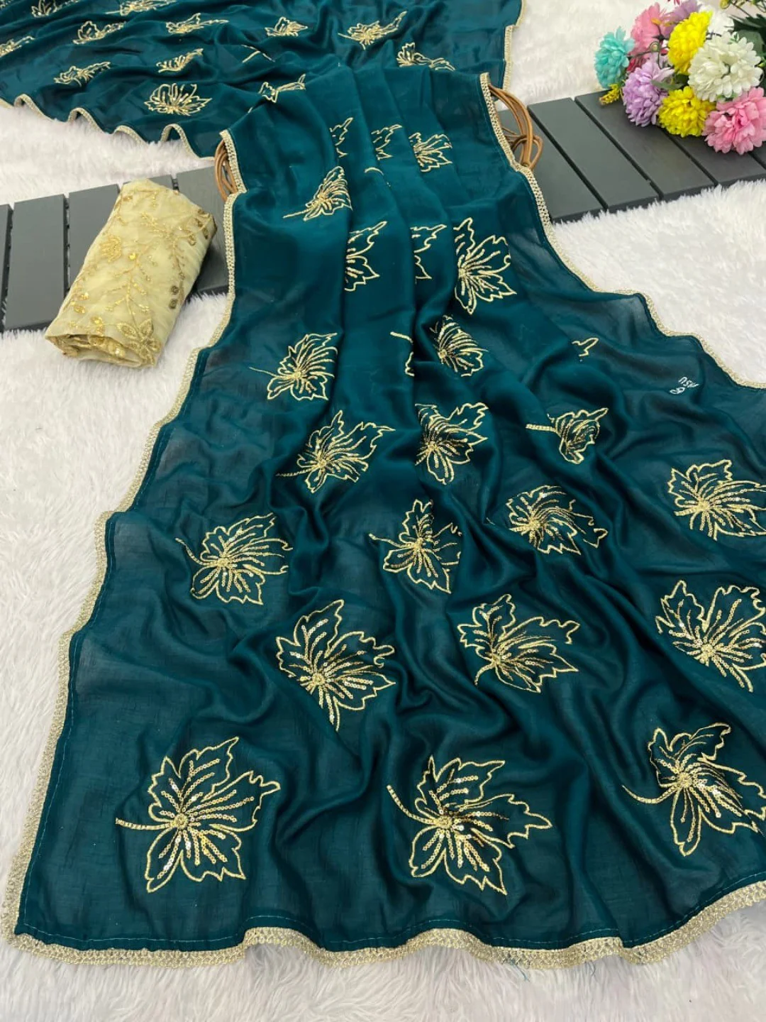 Glamorous Morpich Green Sequin Embellished Saree in Premium Vichitra Silk - Image 2