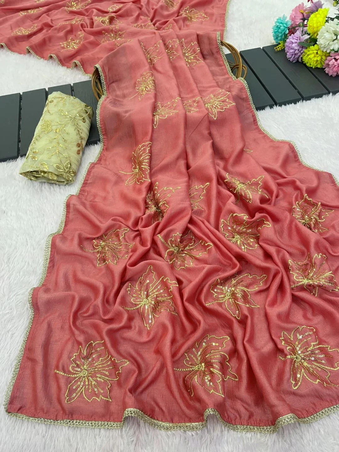 Glamorous Peach Sequin Embellished Saree in Premium Vichitra Silk - Image 2