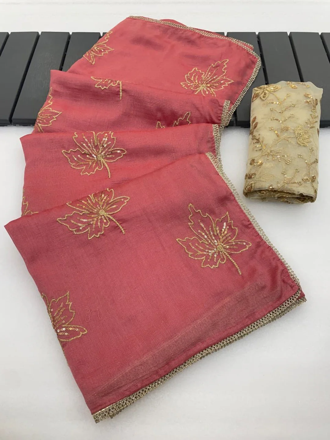 Glamorous Peach Sequin Embellished Saree in Premium Vichitra Silk - Image 7