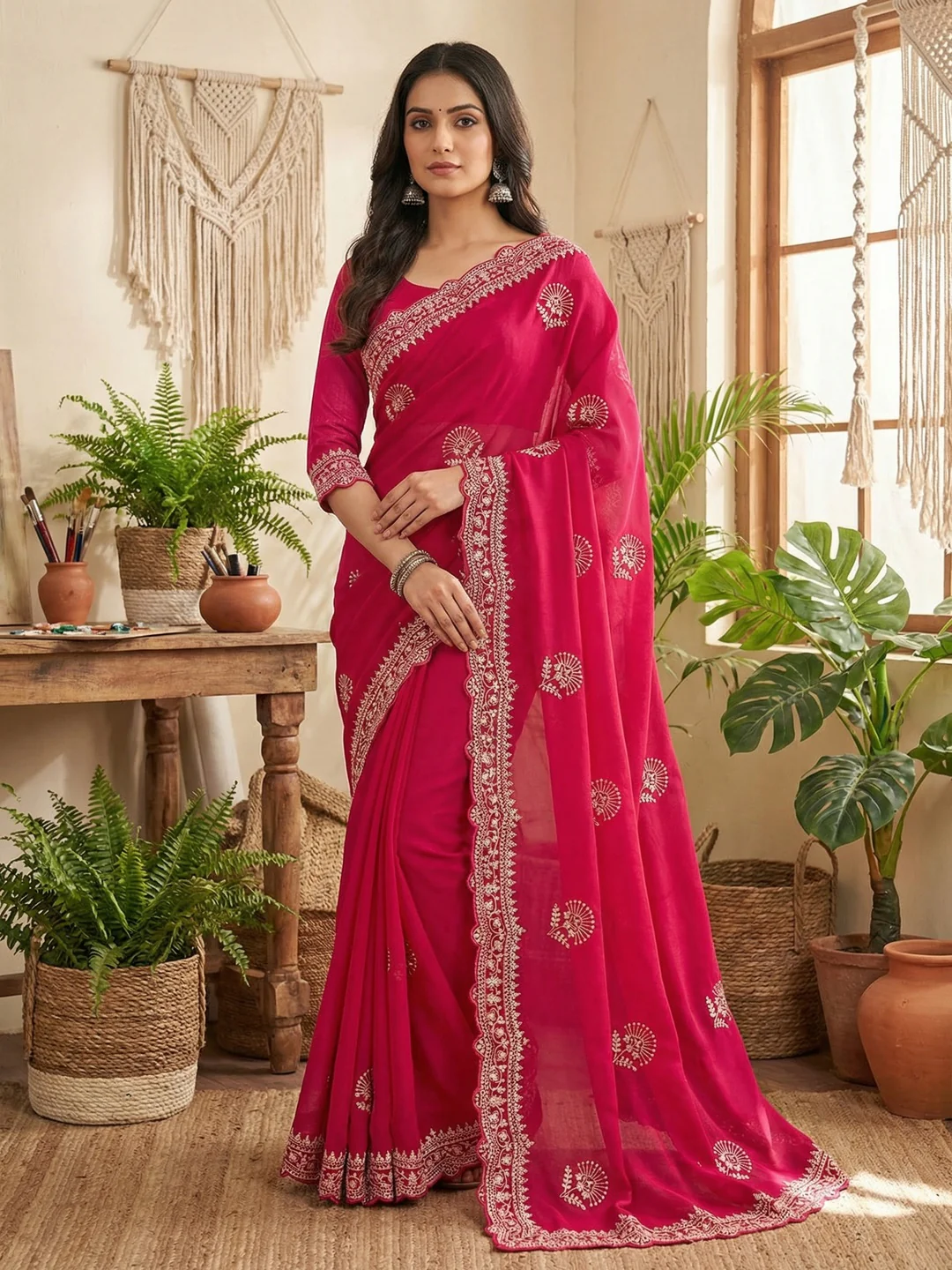 Glamorous Pink Floral Motif Chiffon Saree Featuring Intricate Cording Embroidery