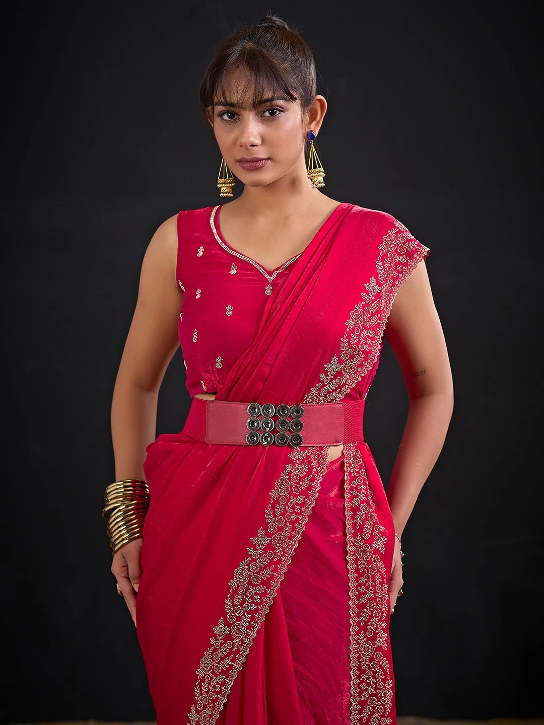 Glamorous Pink Solid Satin Silk Saree Adorned With Floral Stone Embellished Border - Image 3