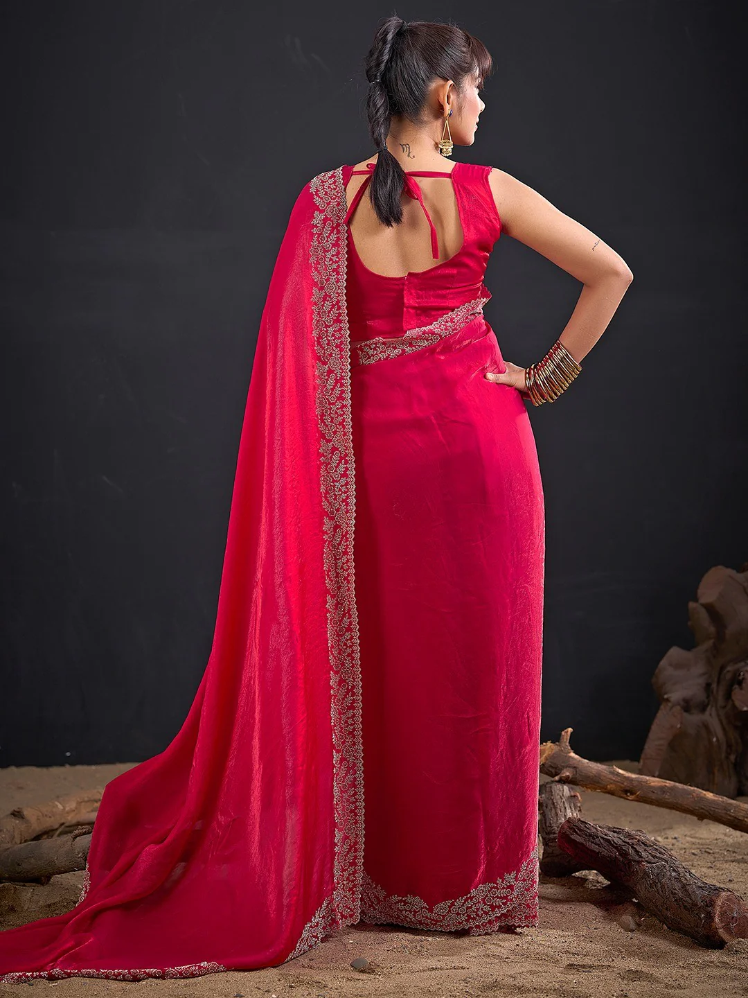 Glamorous Pink Solid Satin Silk Saree Adorned With Floral Stone Embellished Border - Image 4