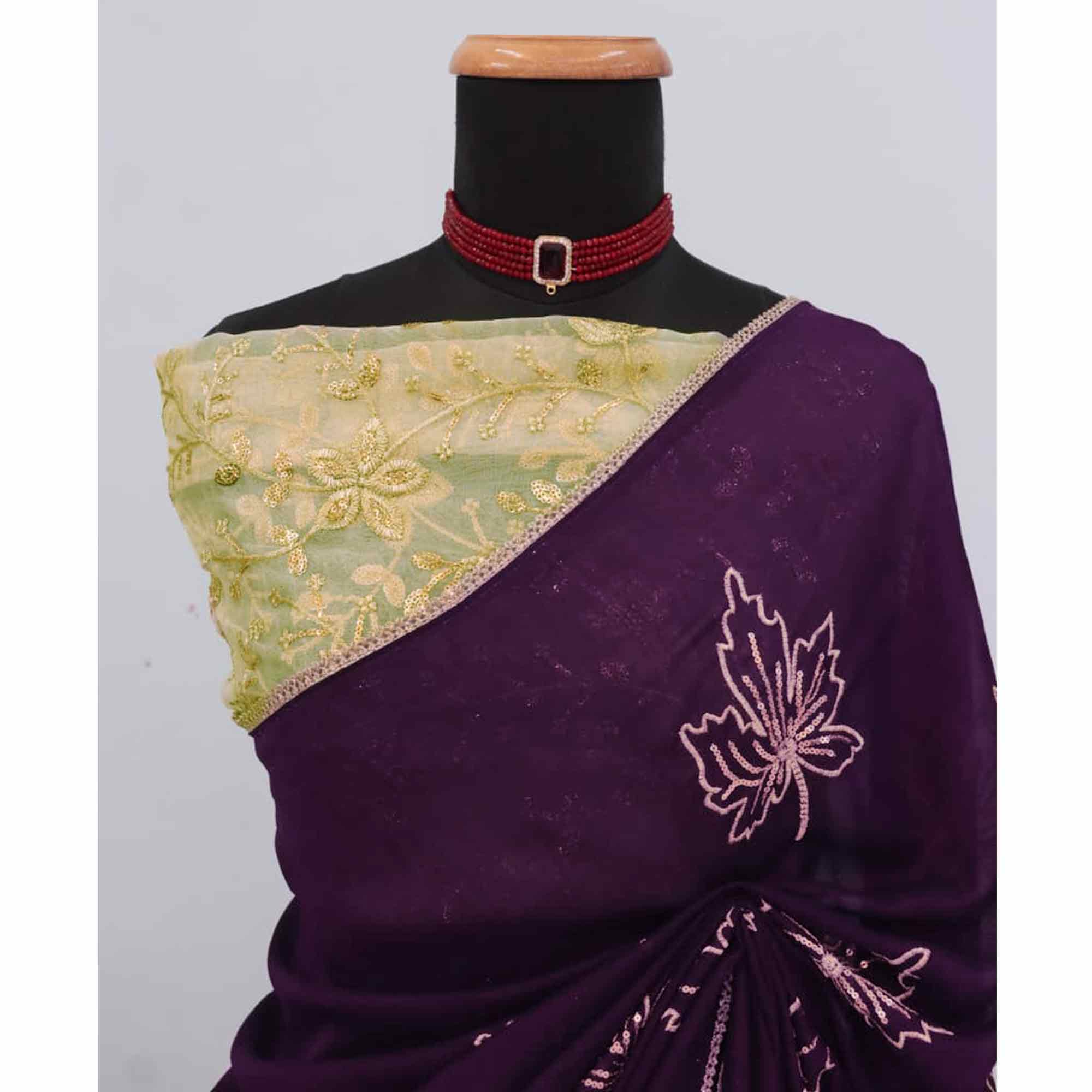 Glamorous Purple Sequin Embellished Saree in Premium Vichitra Silk - Image 10