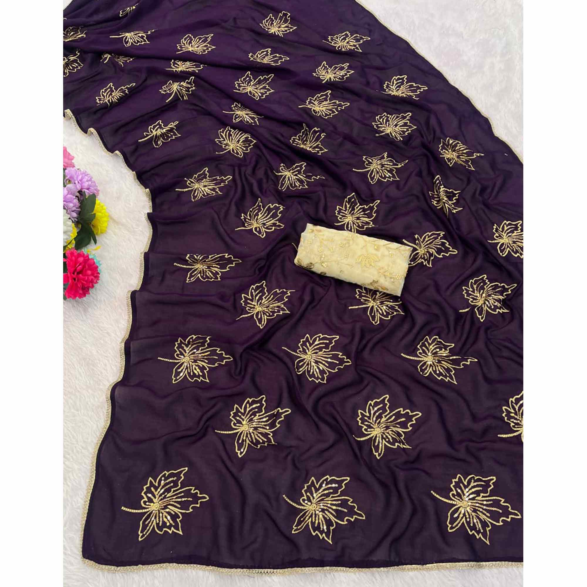 Glamorous Purple Sequin Embellished Saree in Premium Vichitra Silk - Image 4