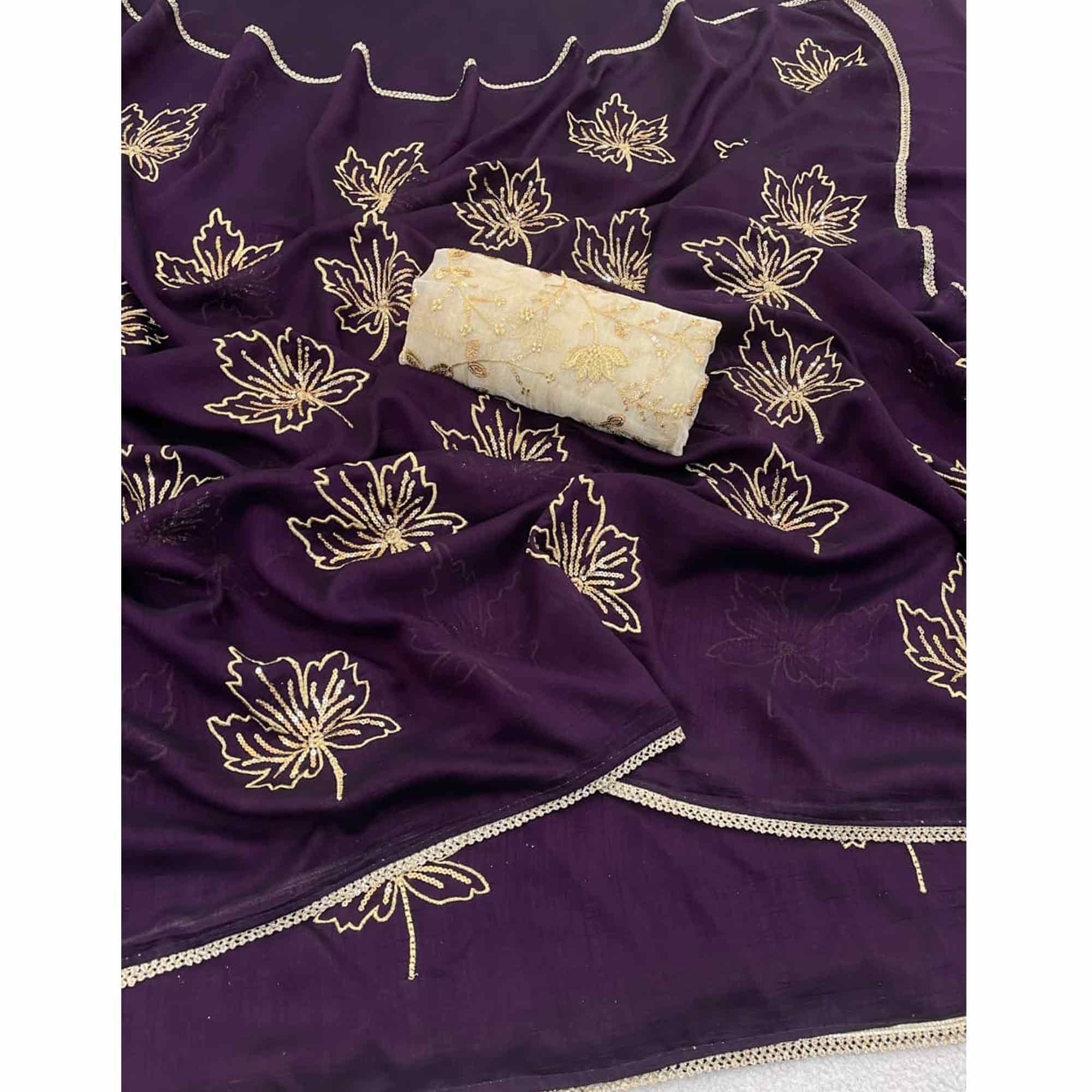 Glamorous Purple Sequin Embellished Saree in Premium Vichitra Silk - Image 5