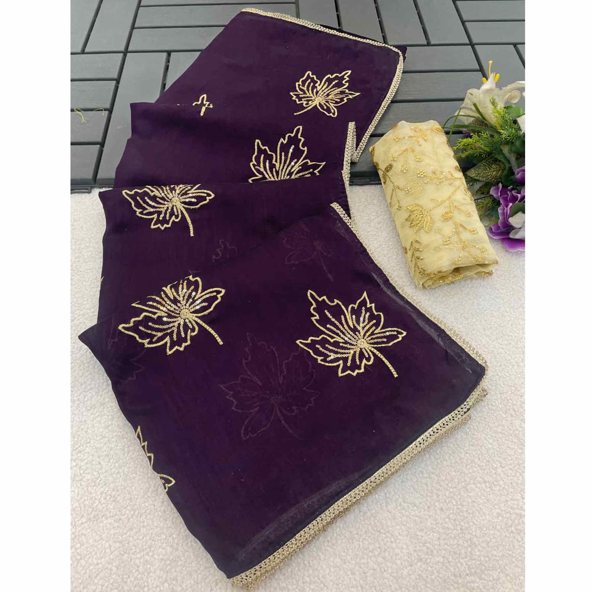 Glamorous Purple Sequin Embellished Saree in Premium Vichitra Silk - Image 6
