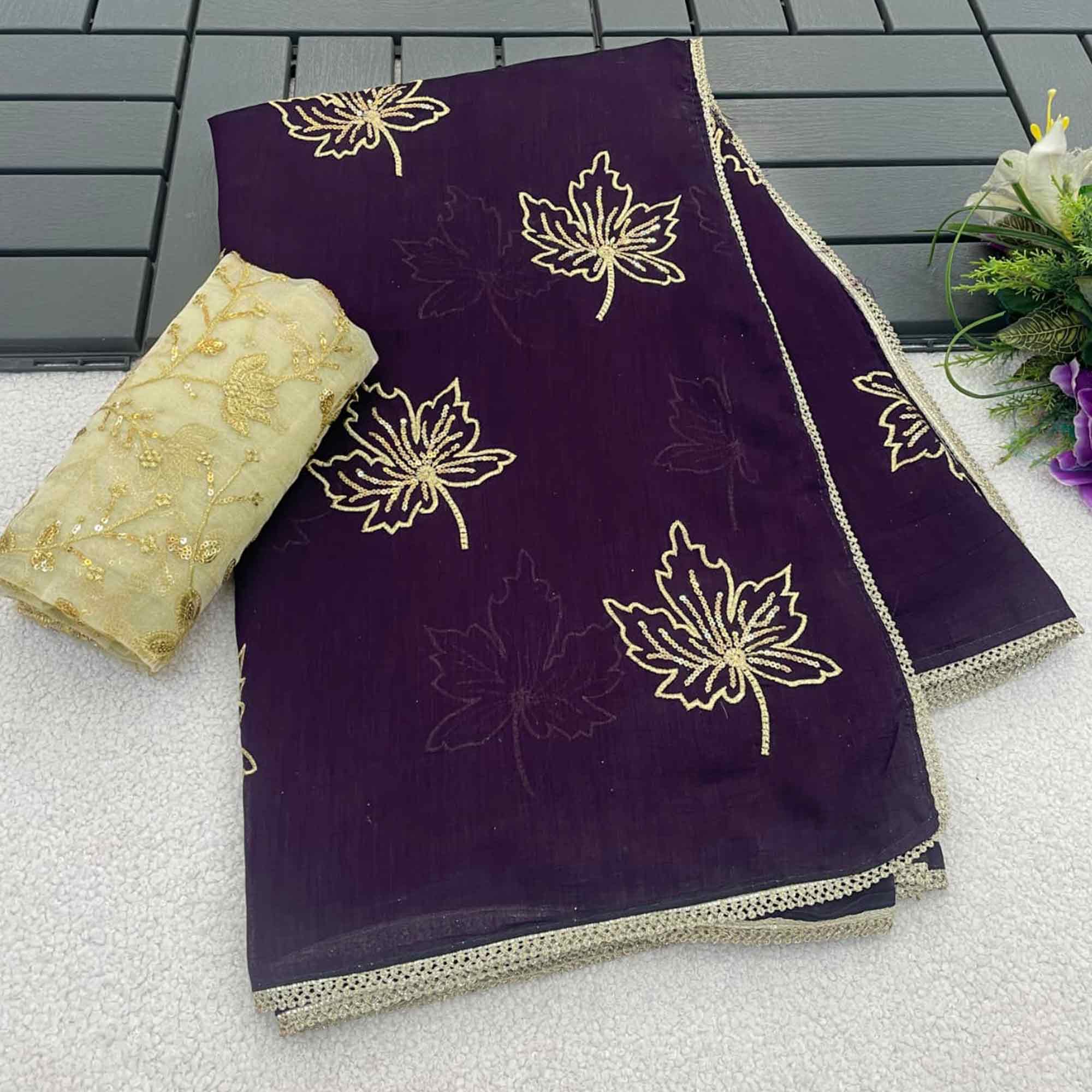 Glamorous Purple Sequin Embellished Saree in Premium Vichitra Silk - Image 7