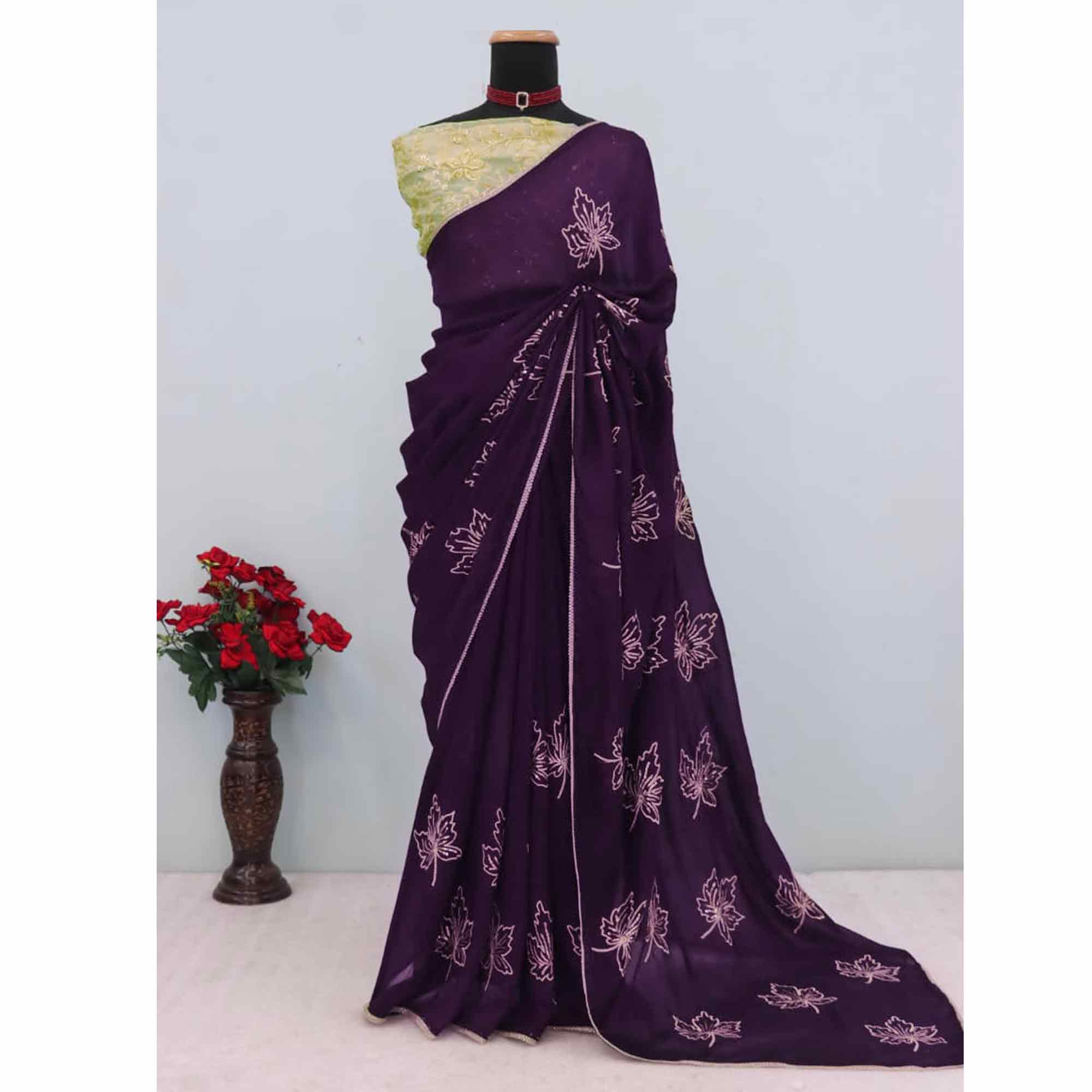 Glamorous Purple Sequin Embellished Saree in Premium Vichitra Silk - Image 9