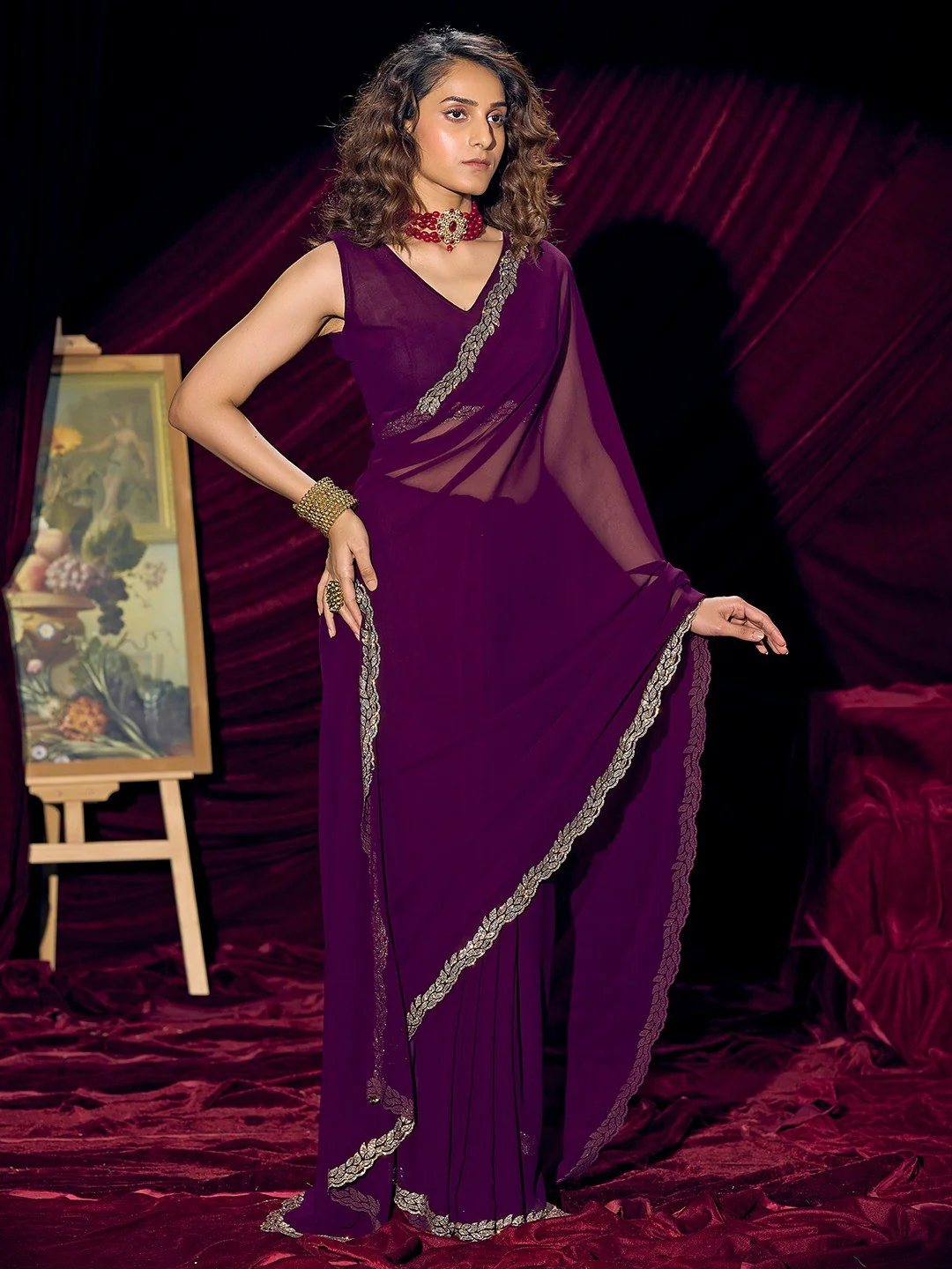 Glamorous Purple Solid Georgette Saree Featuring Embellished Stone Border Work