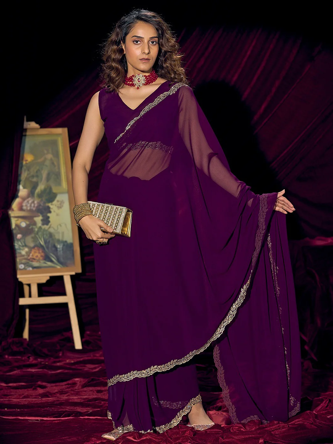 Glamorous Purple Solid Georgette Saree Featuring Embellished Stone Border Work - Image 4
