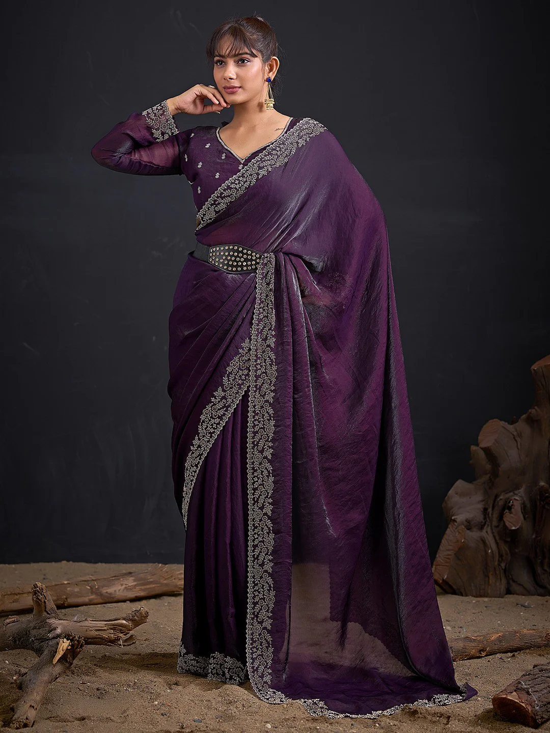 Glamorous Purple Solid Satin Silk Saree Adorned With Floral Stone Embellished Border