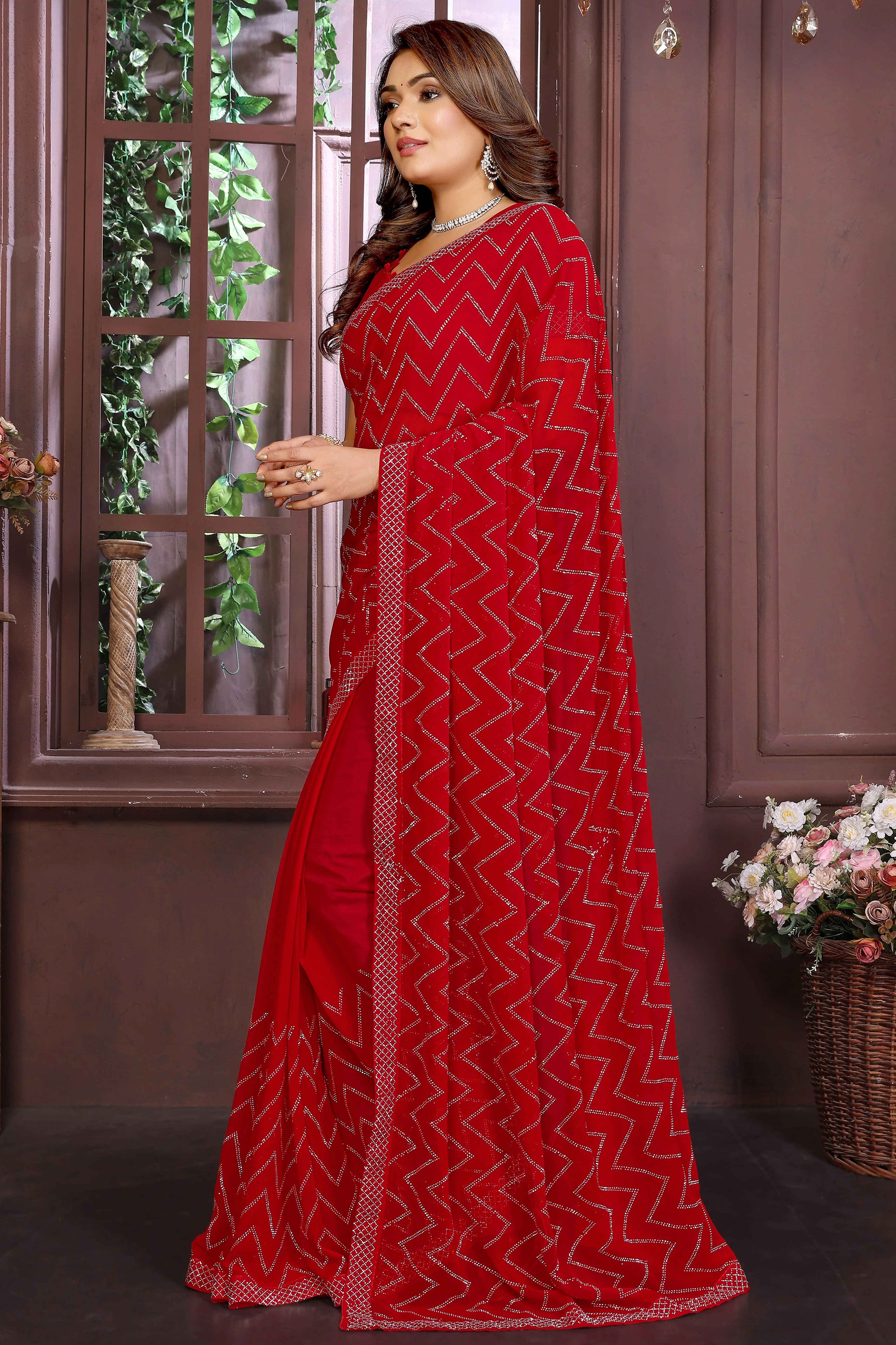Glamorous Red Zig Zag Design Swarovski Crystal Work Georgette Saree - Image 3