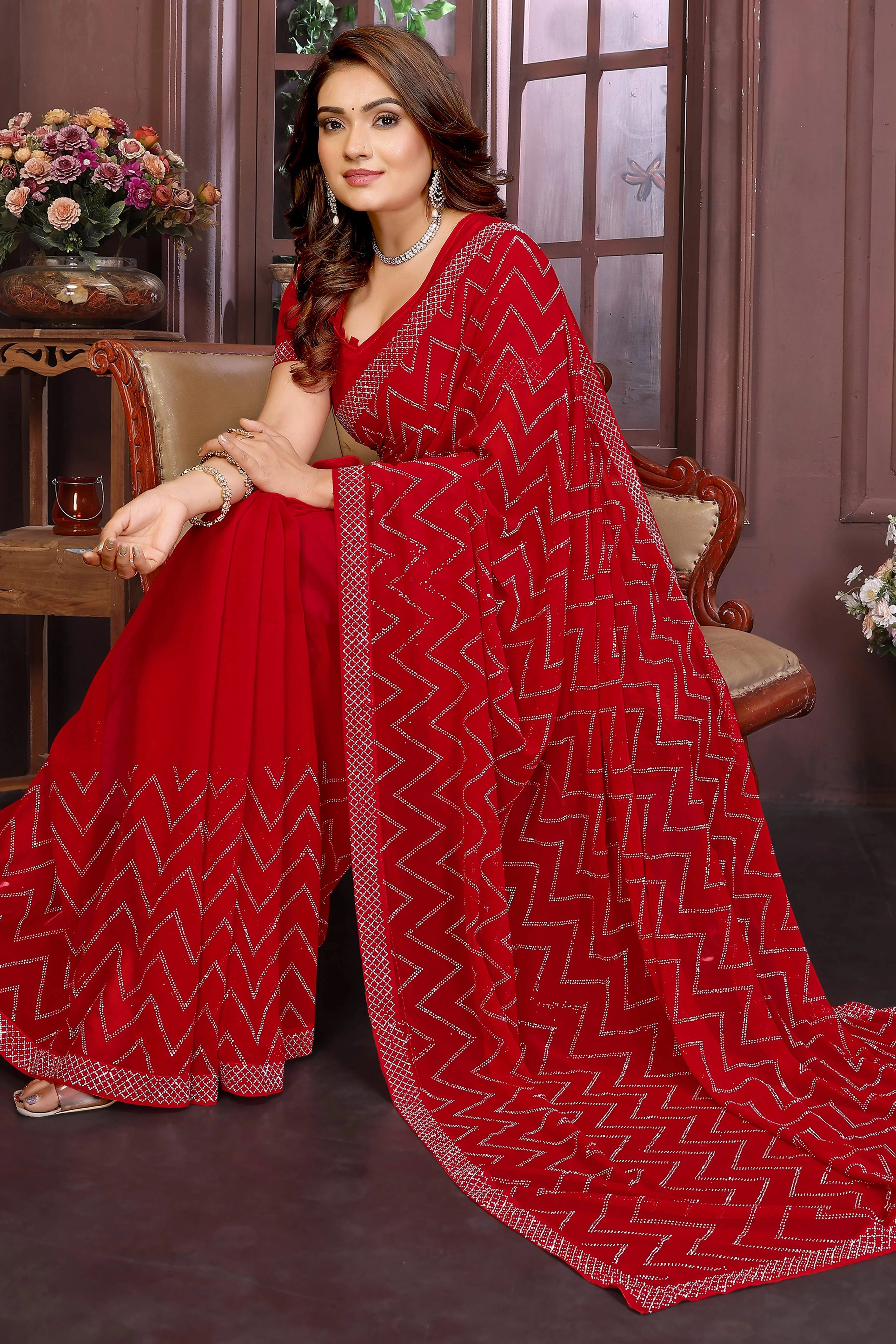 Glamorous Red Zig Zag Design Swarovski Crystal Work Georgette Saree - Image 4